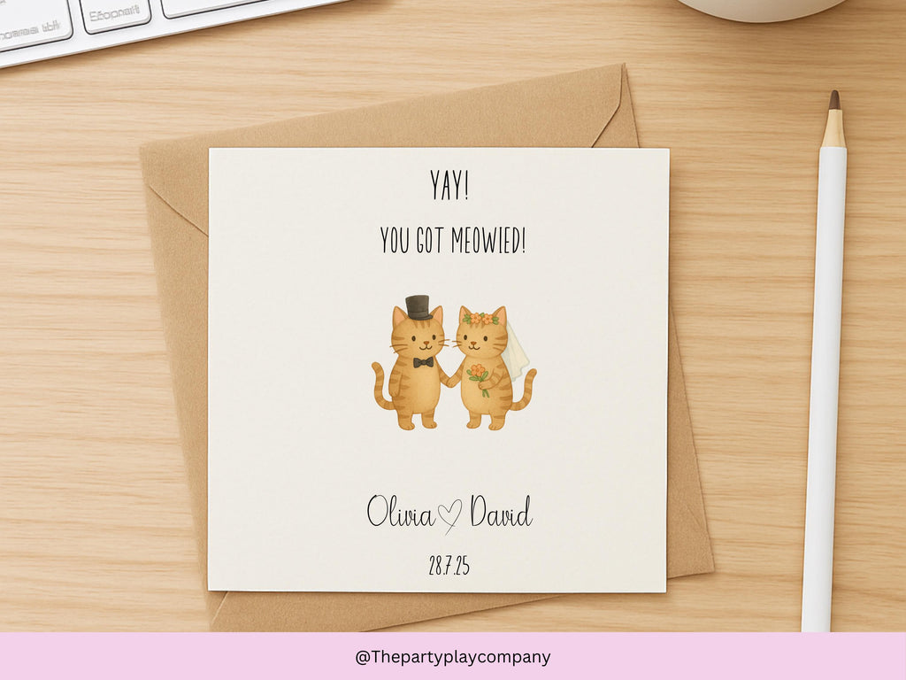 Personalized Cat Wedding Card: You Got Meowied Pun Card