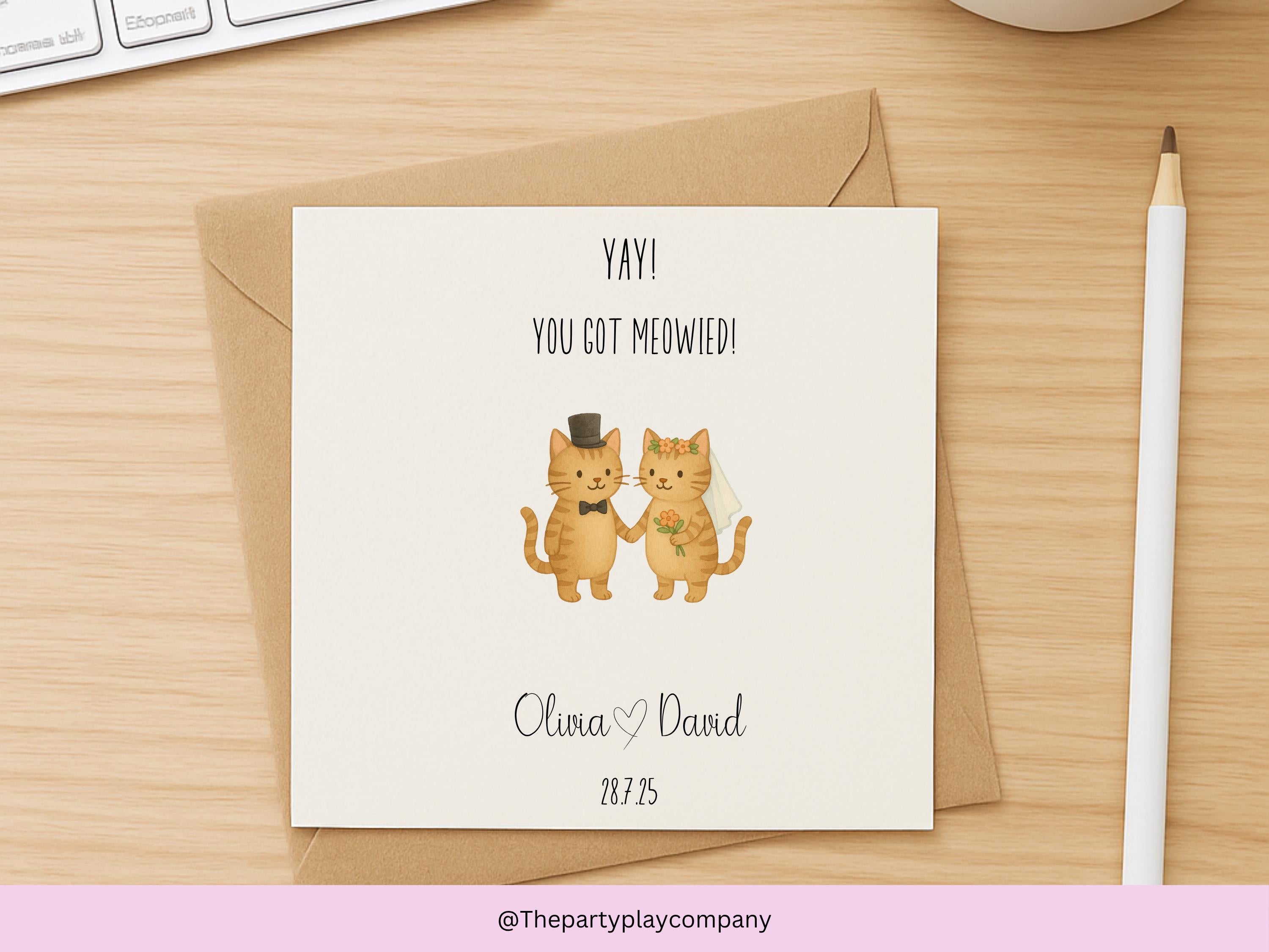 Personalized Cat Wedding Card: You Got Meowied Pun Card