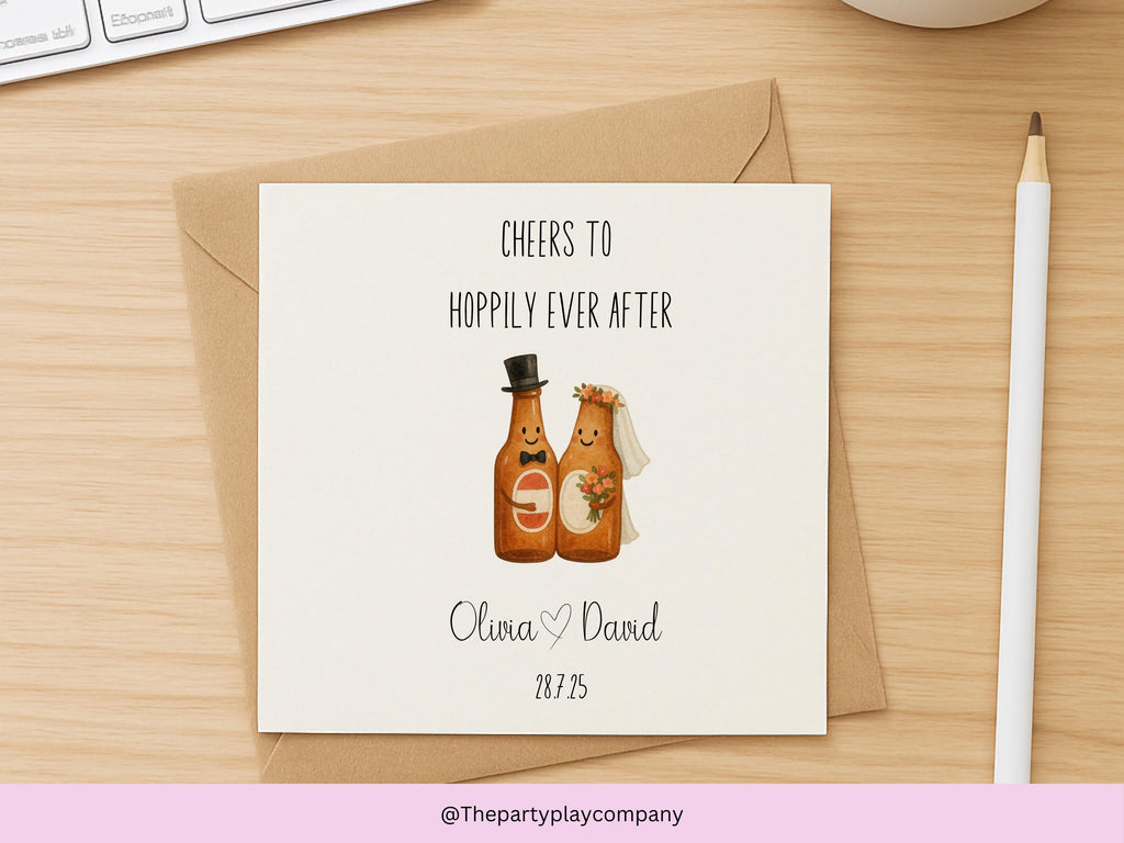 Funny Beer Wedding Card: Hoppily Ever After, Personalized Names & Date