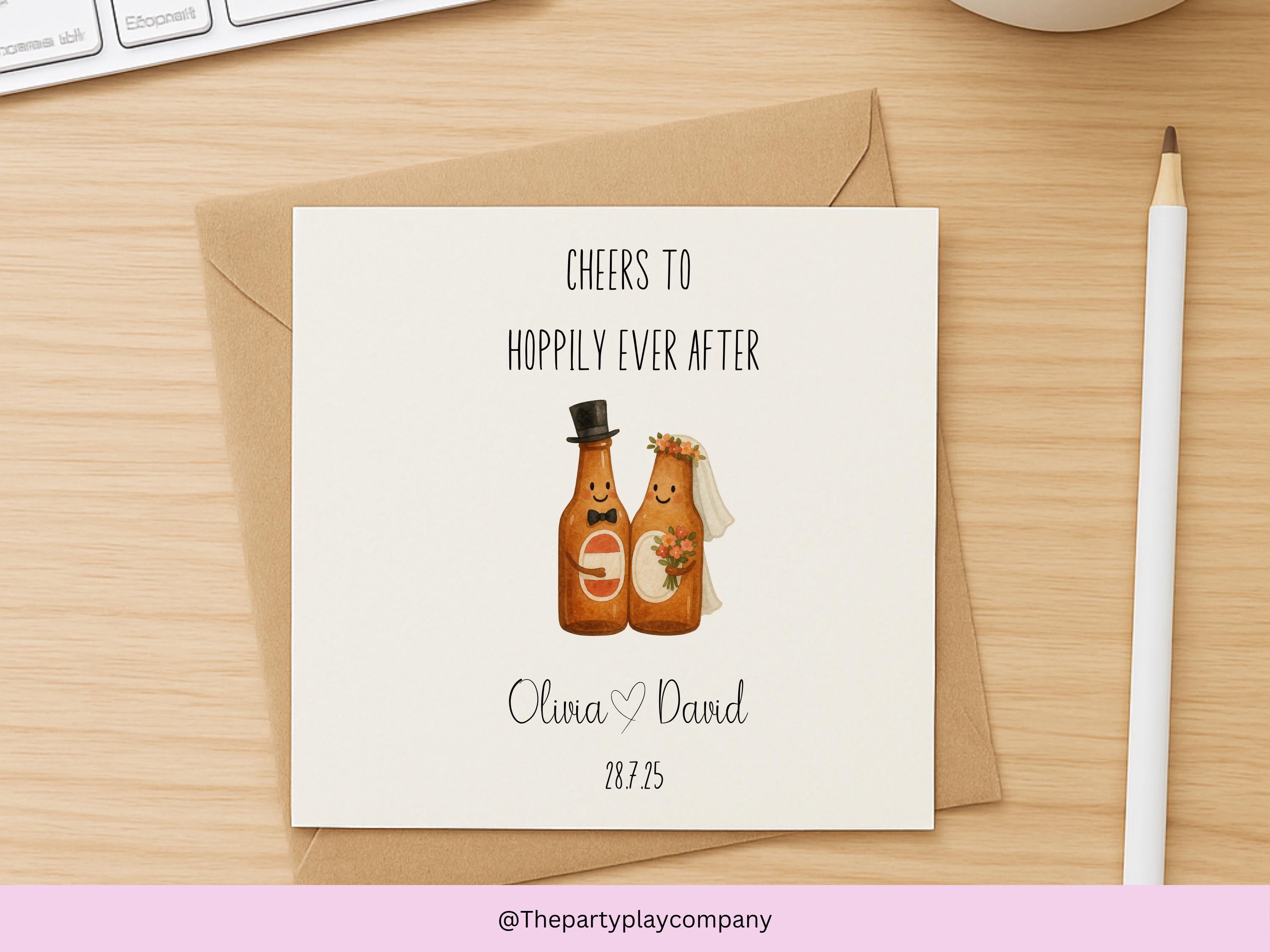Funny Beer Wedding Card: Hoppily Ever After, Personalized Names & Date