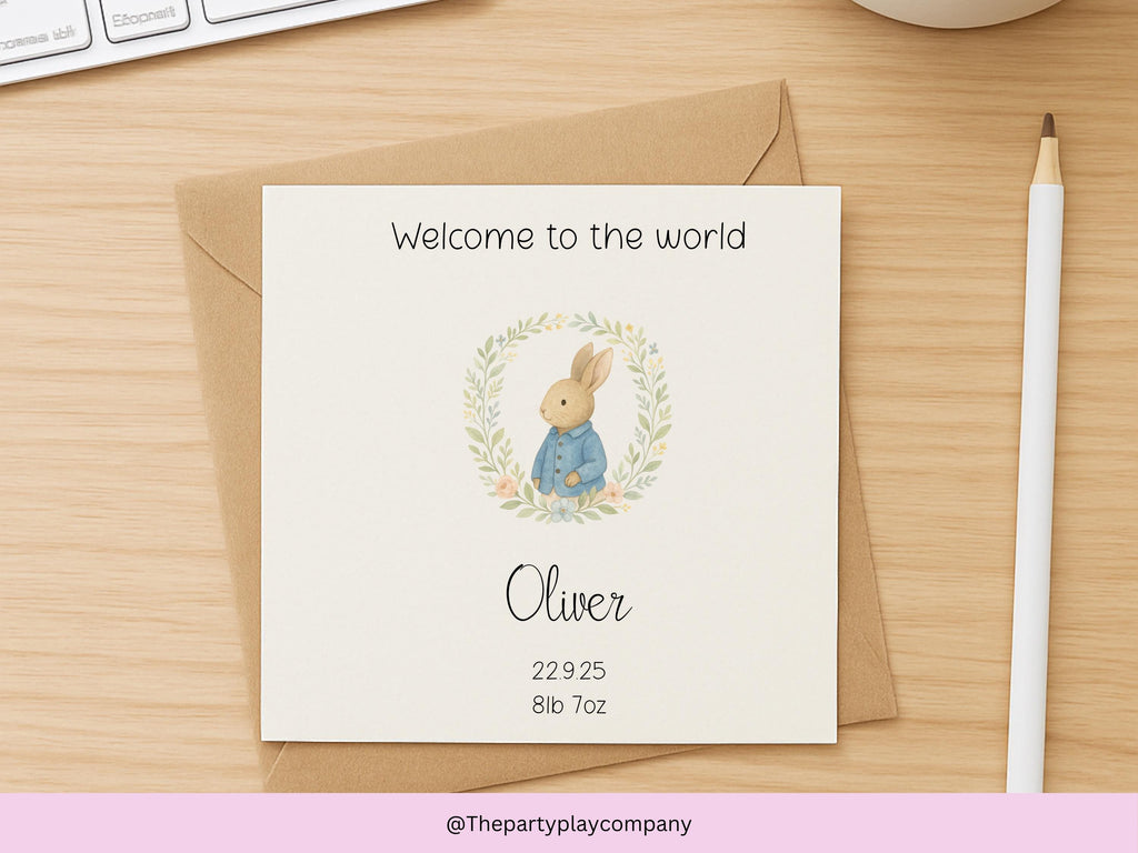 Personalised New Baby Card: Rabbit Floral Wreath Design - Handmade UK