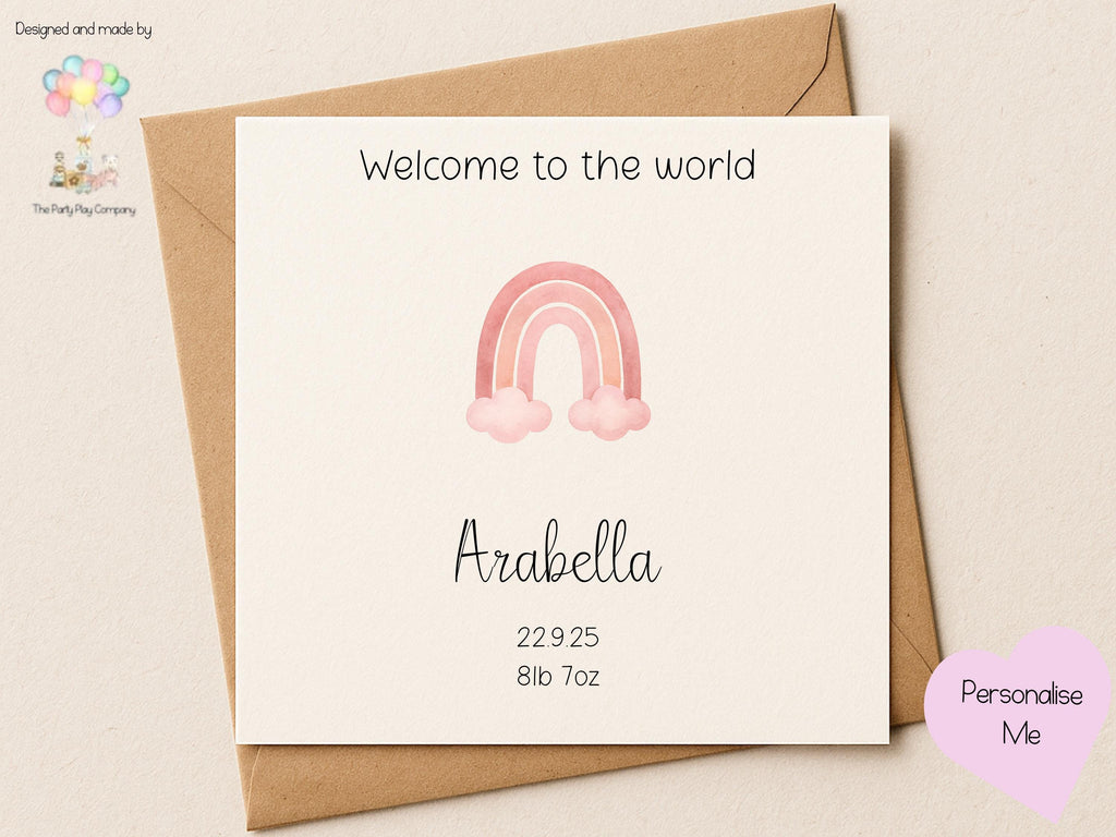 Personalized Baby Girl Card: Pink Watercolor Rainbow, Custom Birth Date