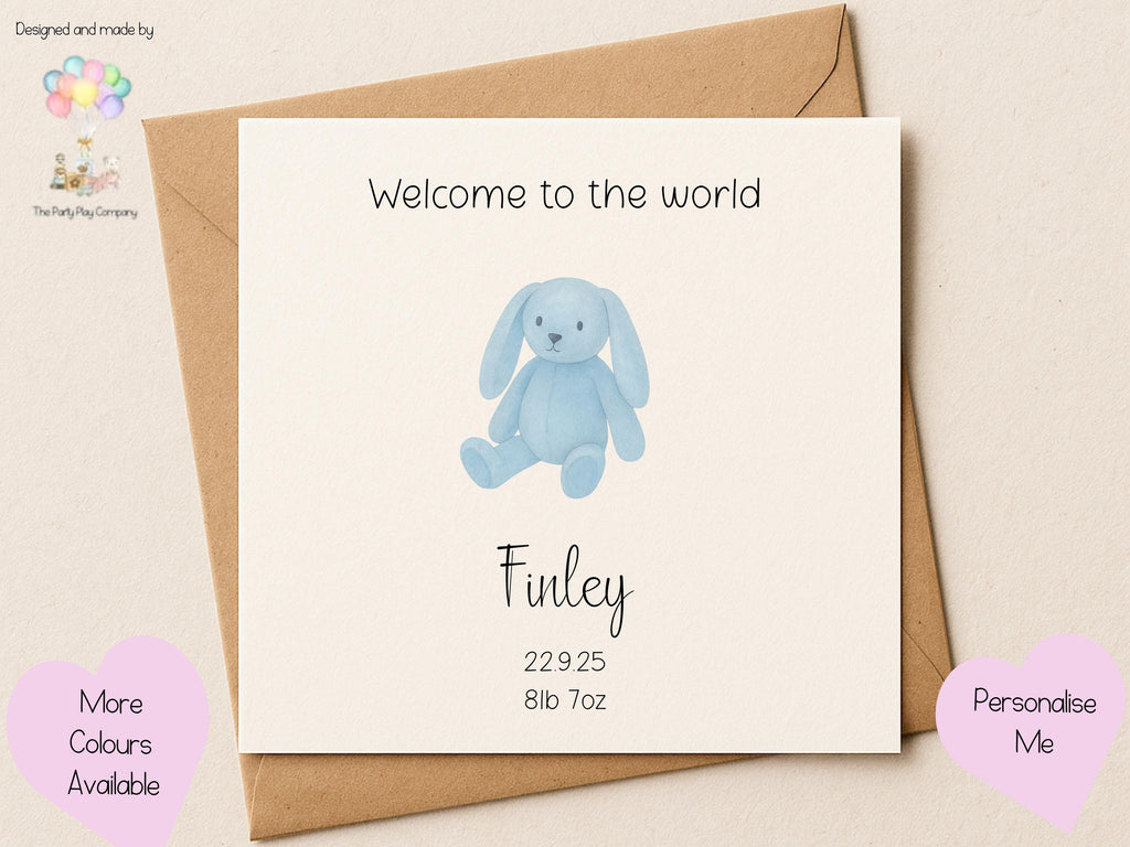 Personalized Blue Bunny New Baby Card: Custom Birth Stats, Handmade