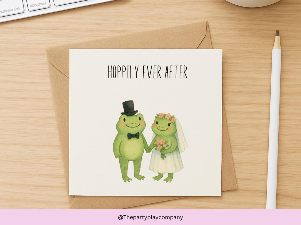 Frog Wedding Card: "Hoppily Ever After" Pun, Watercolor Illustration
