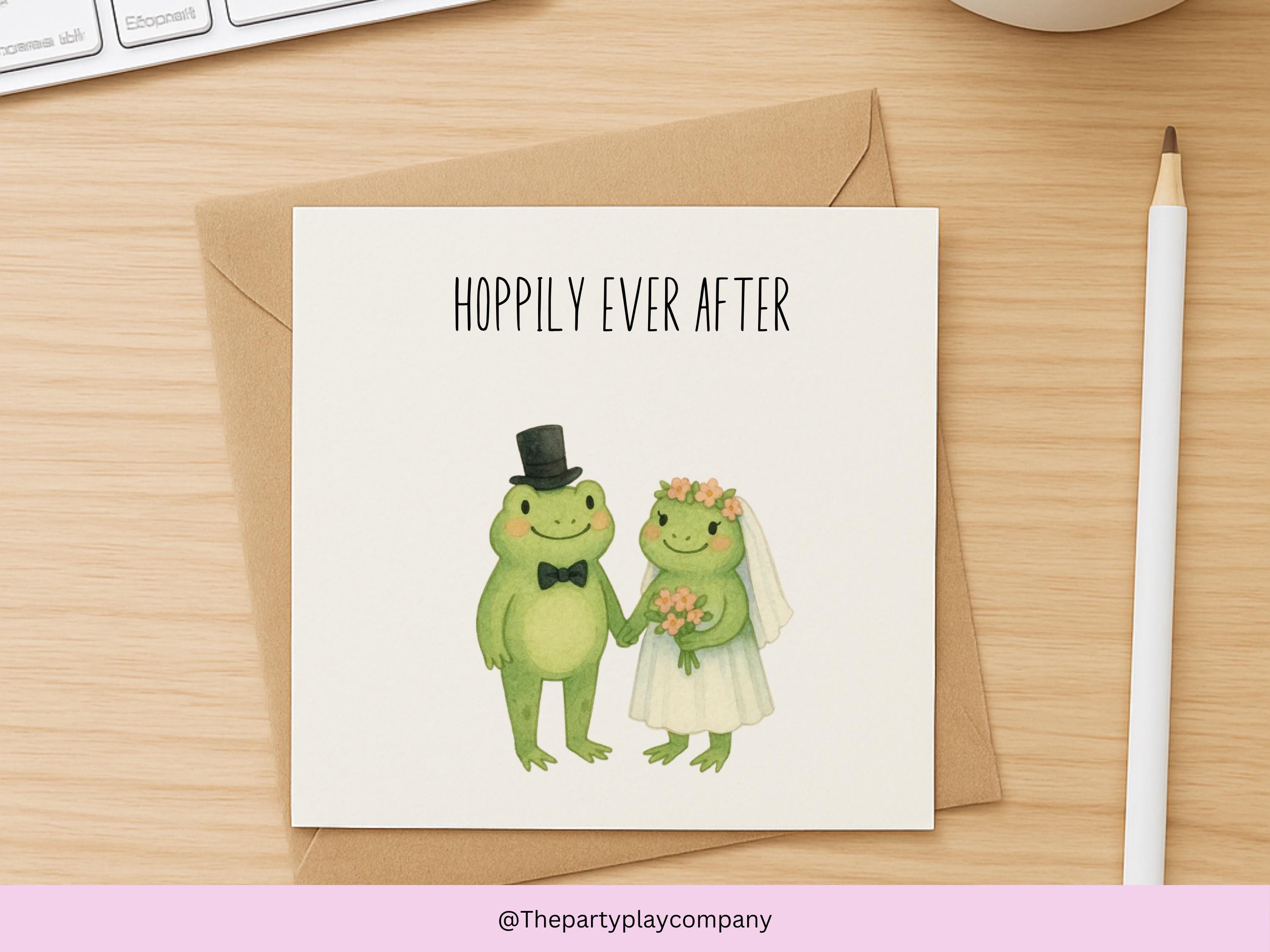 Frog Wedding Card: "Hoppily Ever After" Pun, Watercolor Illustration