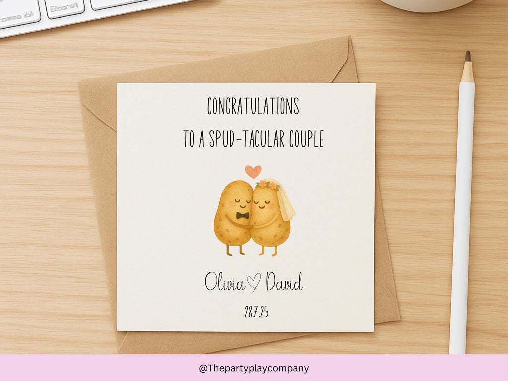 Personalised Wedding Card | Cute Potato Couple Pun "To a Spud-tacular Couple" | Custom Names & Date | Funny Engagement Anniversary Card