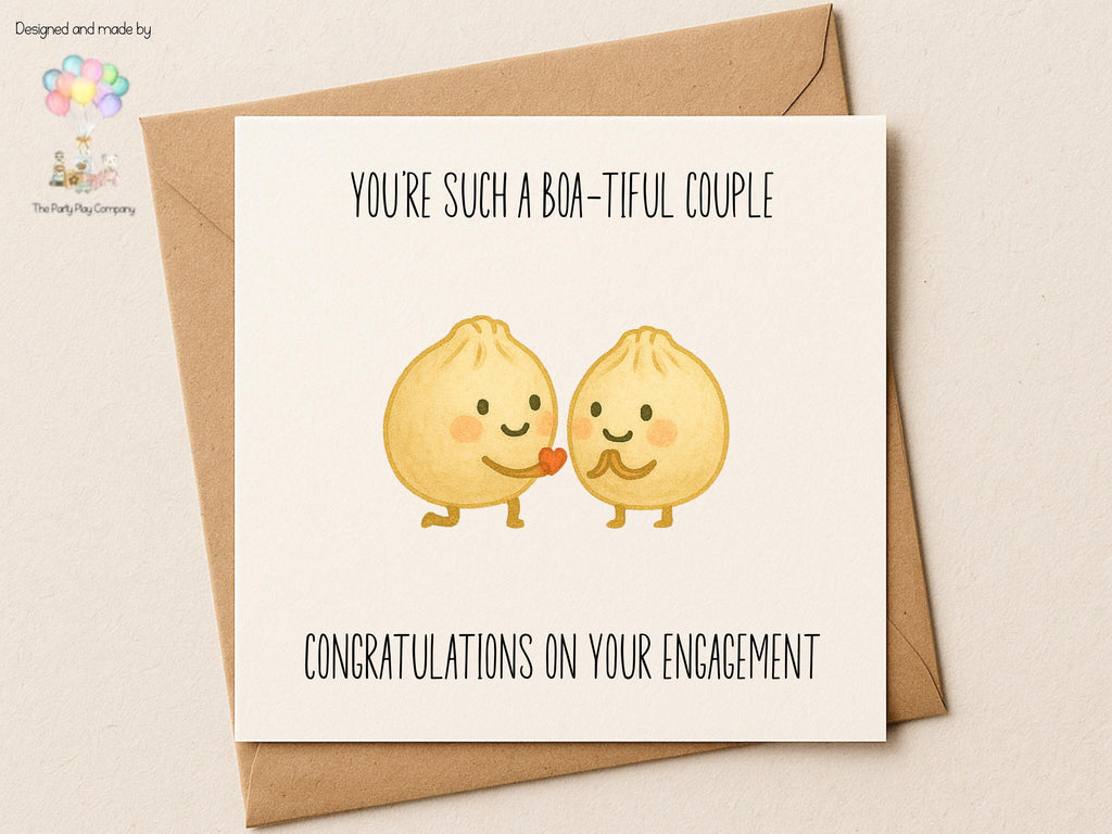 Funny Bao Dumpling Engagement Card: 'Boa-tiful Couple' Pun