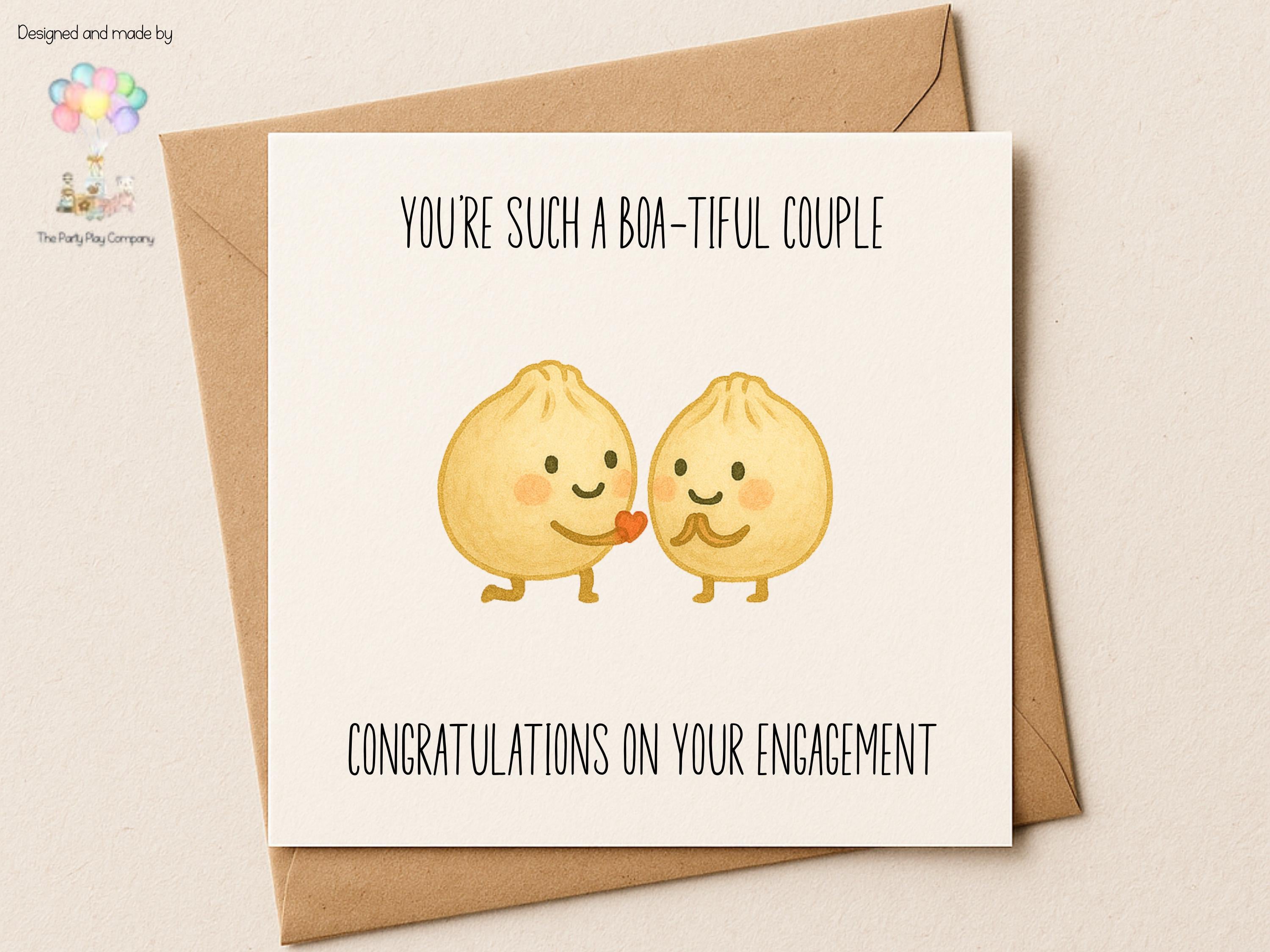 Funny Bao Dumpling Engagement Card: 'Boa-tiful Couple' Pun