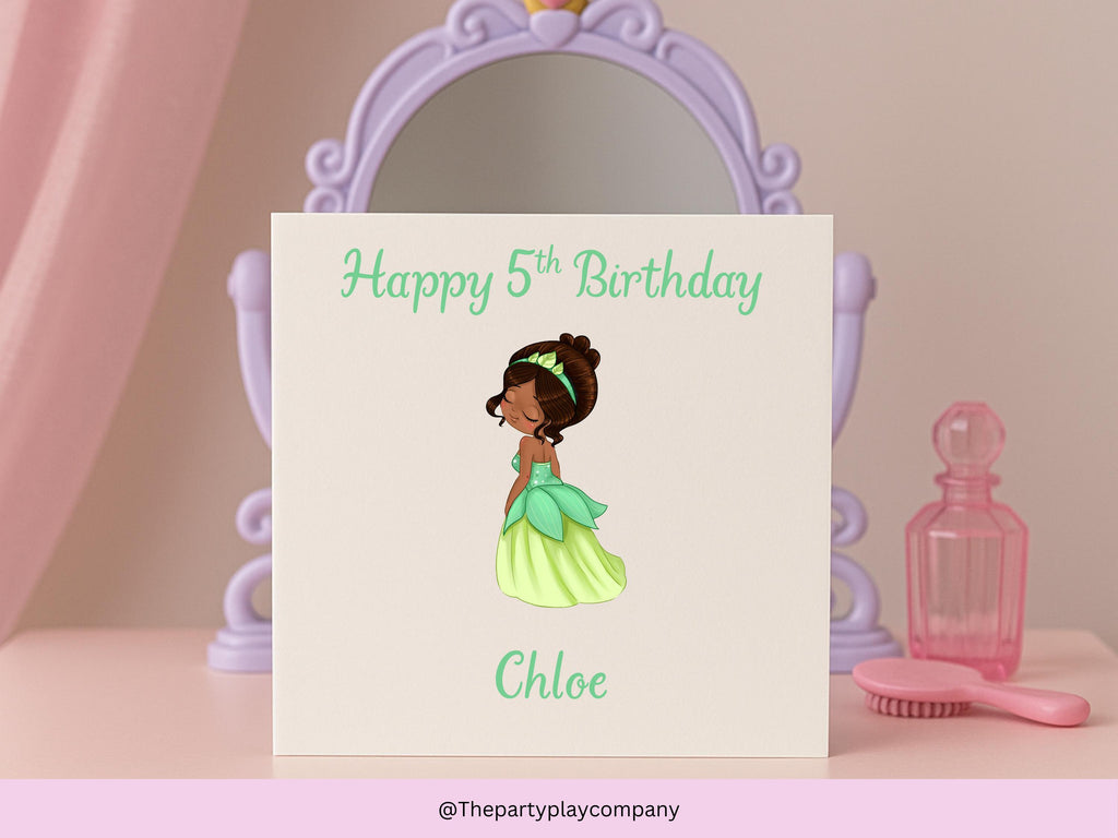 Personalised Green Princess Birthday Card – Custom Name & Age, 6x6 Girls Card, More Designs Available