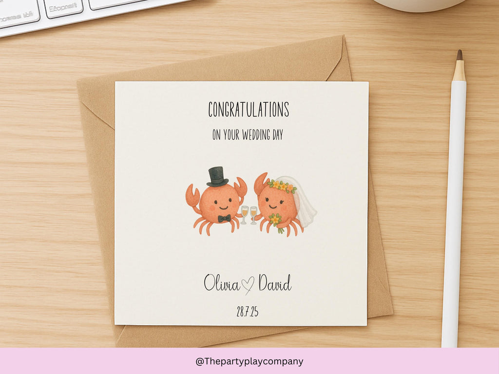 Personalised Wedding Card | Cute Crab Couple | Custom Names & Date | Engagement or Anniversary Card