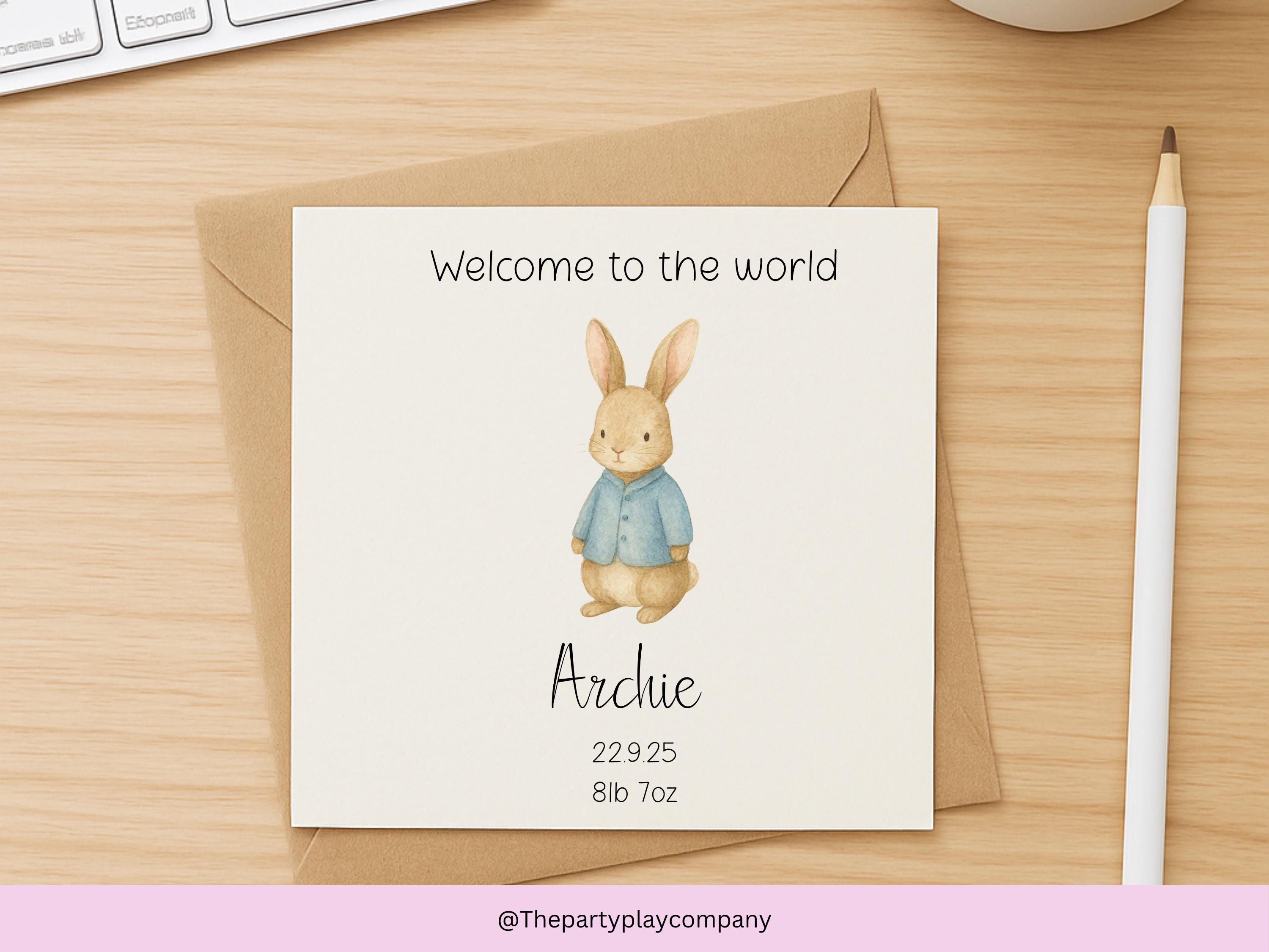 Personalised New Baby Boy Card: Blue Bunny, Handmade Keepsake
