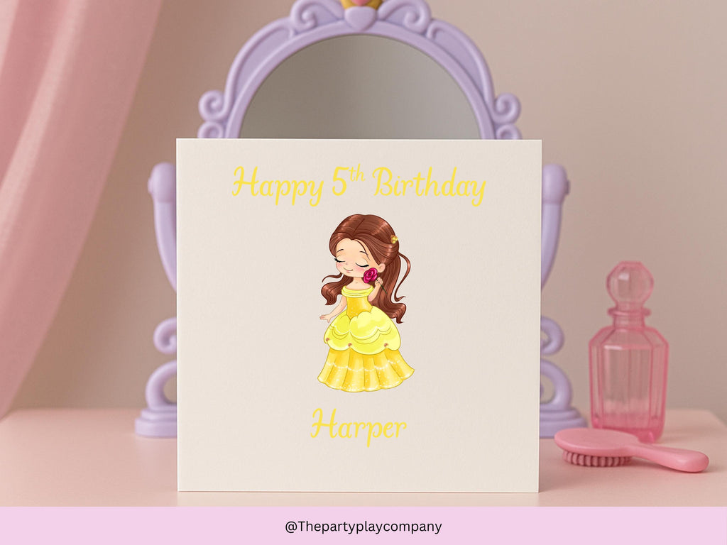 Personalized Princess Birthday Card: Yellow Gown, Custom Name & Age