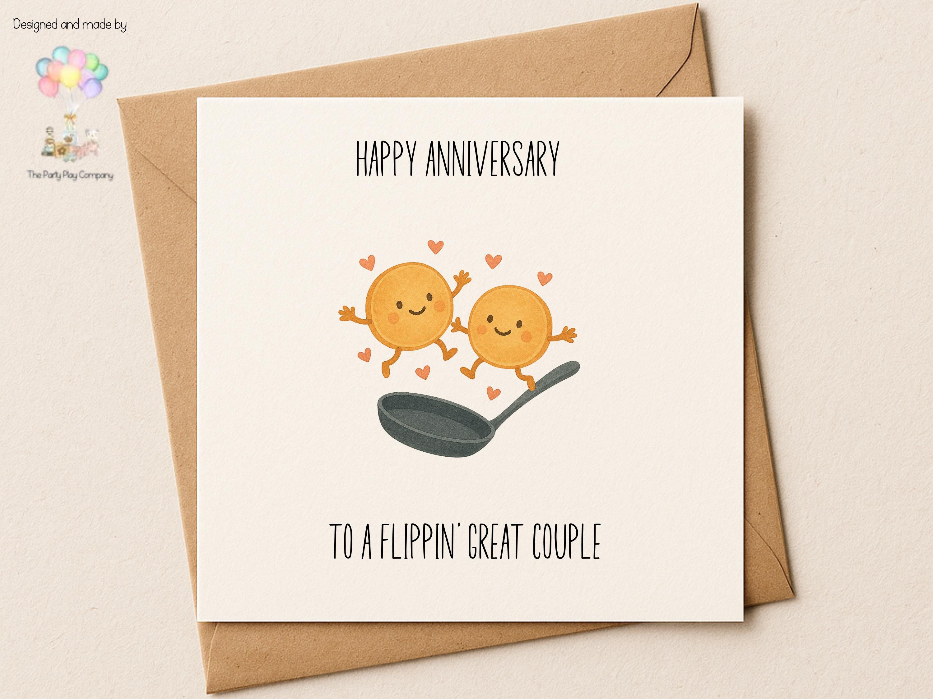 Cute Pancake Anniversary Card – To a Flippin’ Great Couple, Funny Food Pun Love Card, Kawaii Anniversary Card for Husband Wife