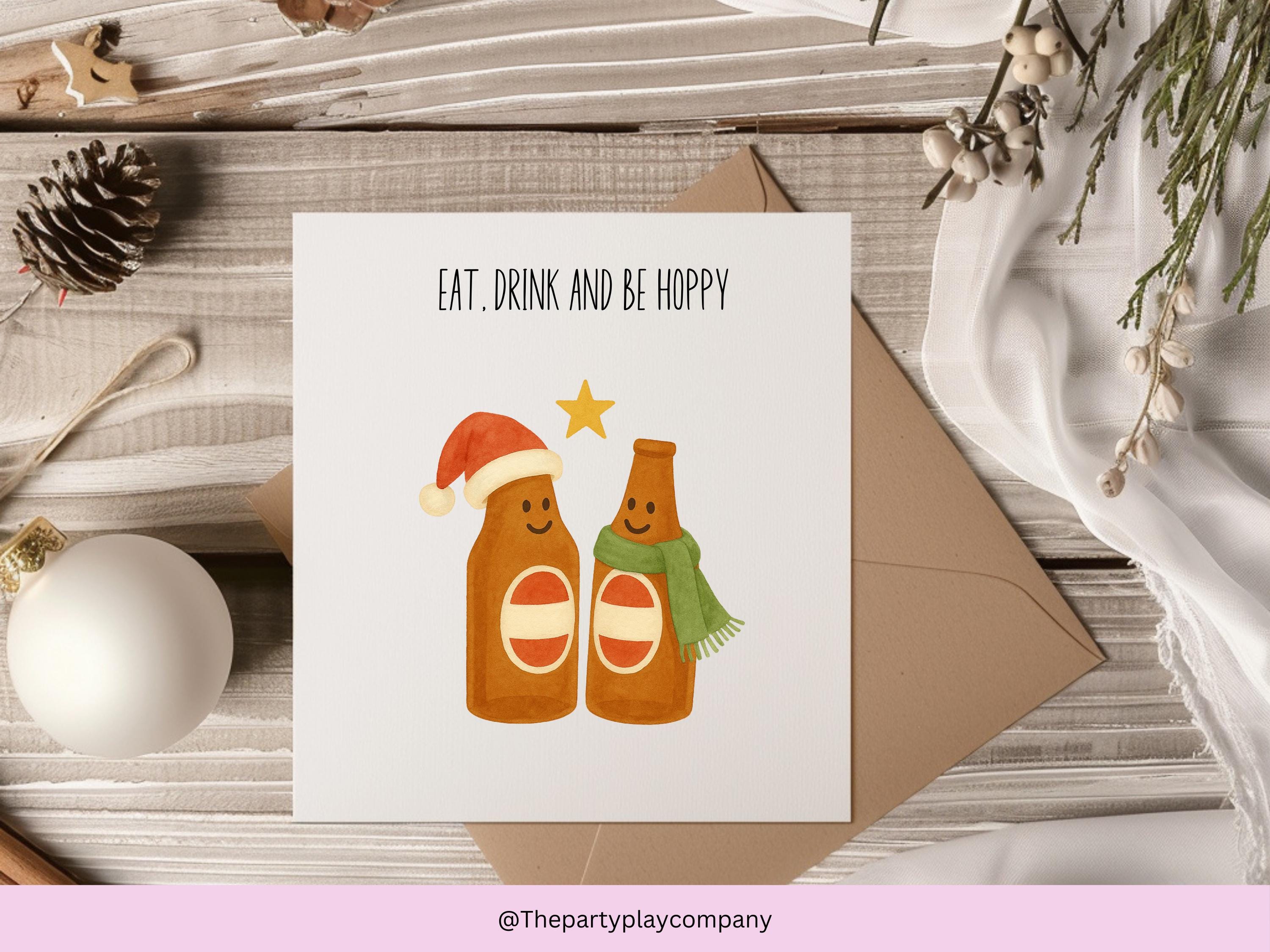 Funny Beer Christmas Card: Eat Drink and Be Hoppy - 6x6 Holiday Card