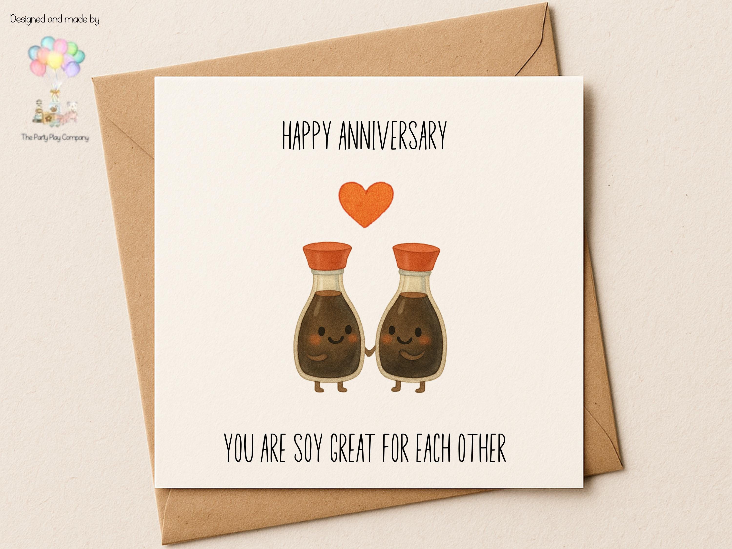 Cute Soy Sauce Anniversary Card – You Are Soy Great for Each Other, Funny Food Pun Love Card, Kawaii Anniversary Card for Couples