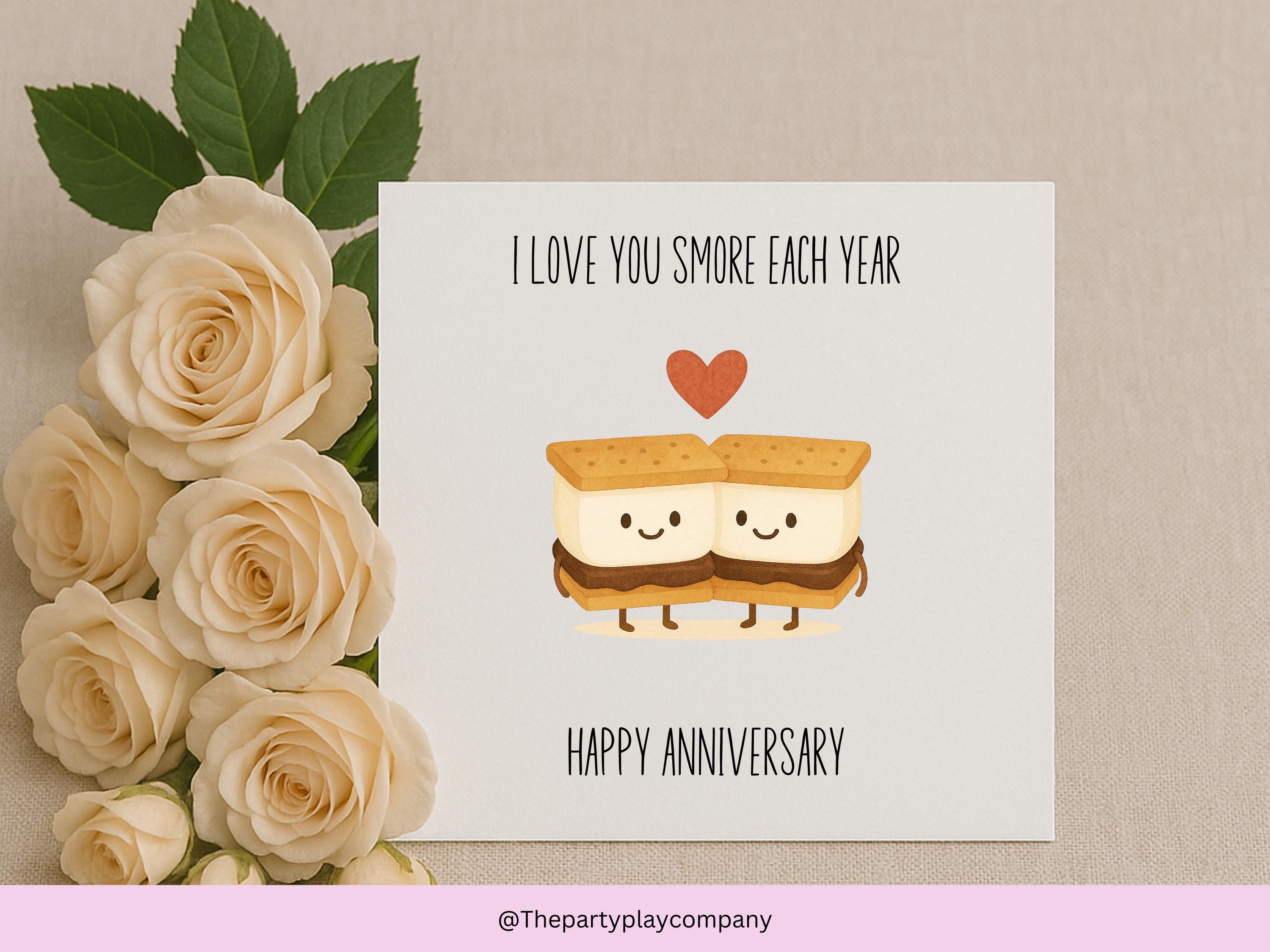 Funny Anniversary Card – I Love You S’more Each Year, Cute Pun Food Illustration, Couples Love Card for Partner, Husband, Wife
