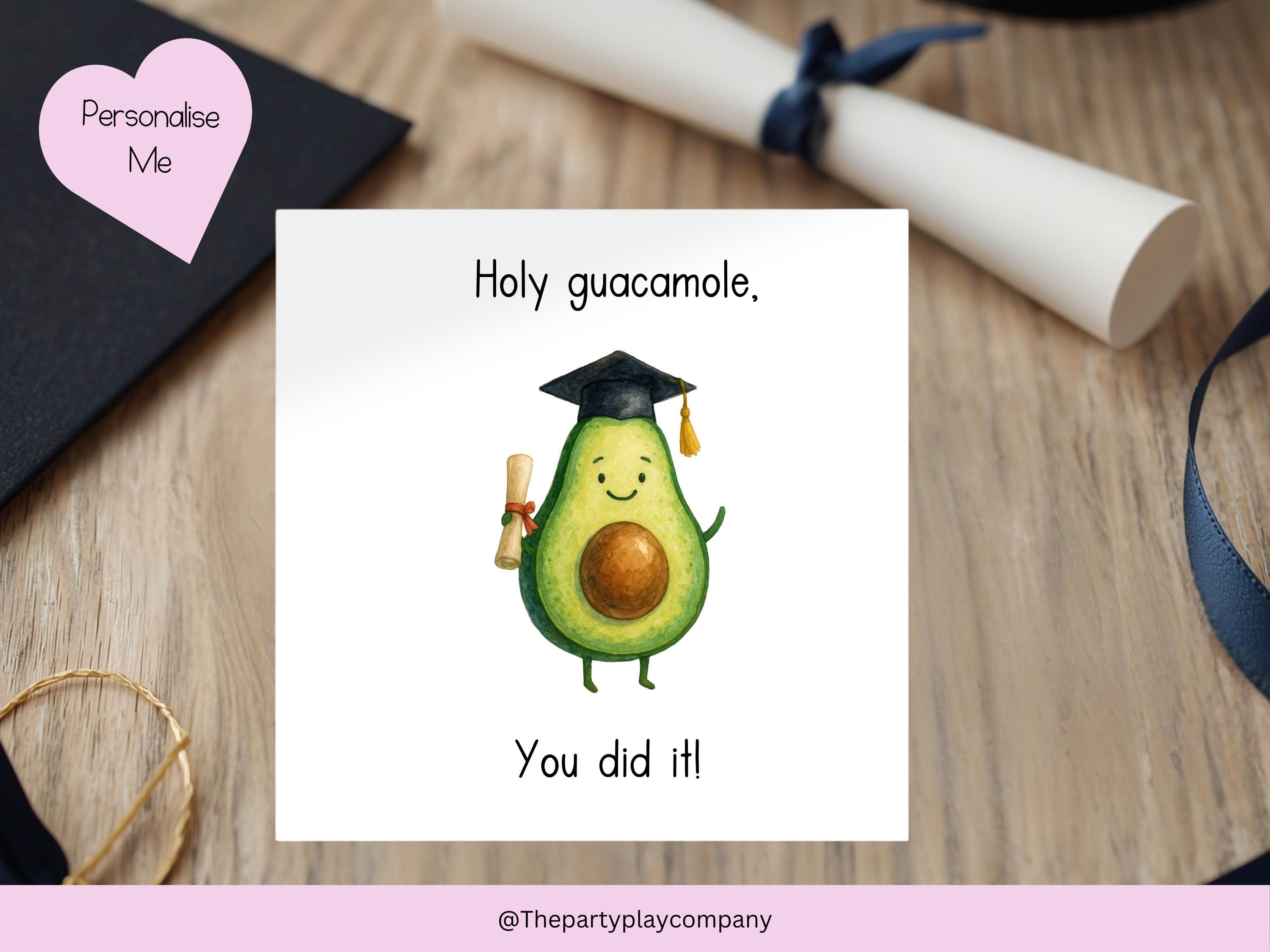 Funny Avocado Graduation Card: "Holy Guacamole" Pun, Personalized Congrats