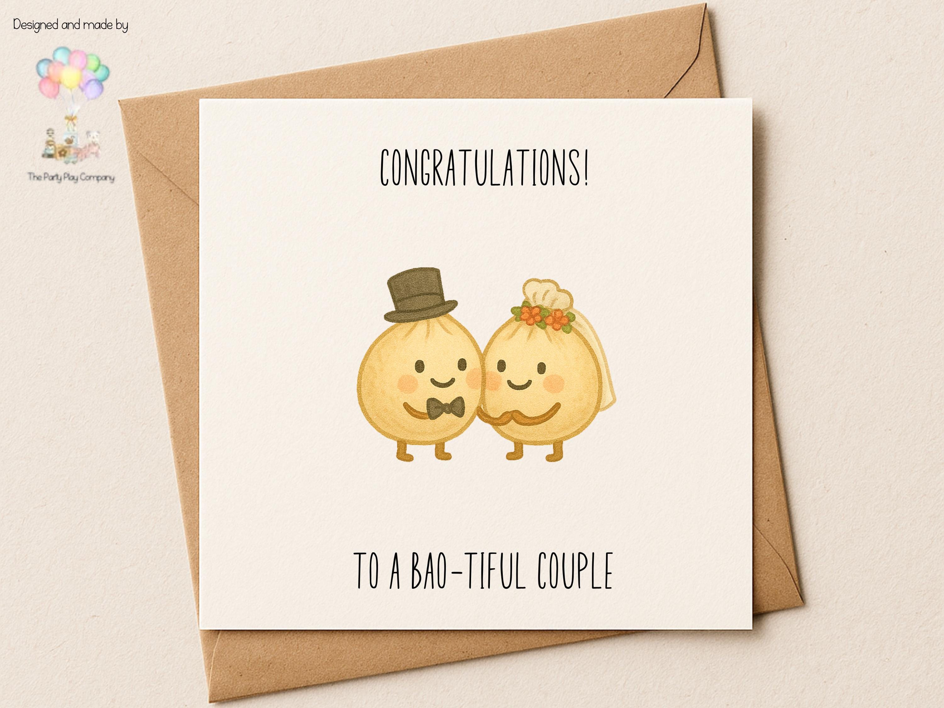 Funny Wedding Card | Cute Bao Pun Congratulations Card | To A Bao-tiful Couple | Quirky Newlyweds Card | 4 for 10 Pound Offer