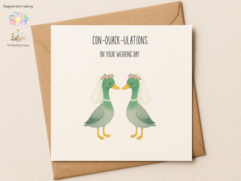 Funny Lesbian Wedding Card: Con-Quack-ulations Duck Pun Illustration