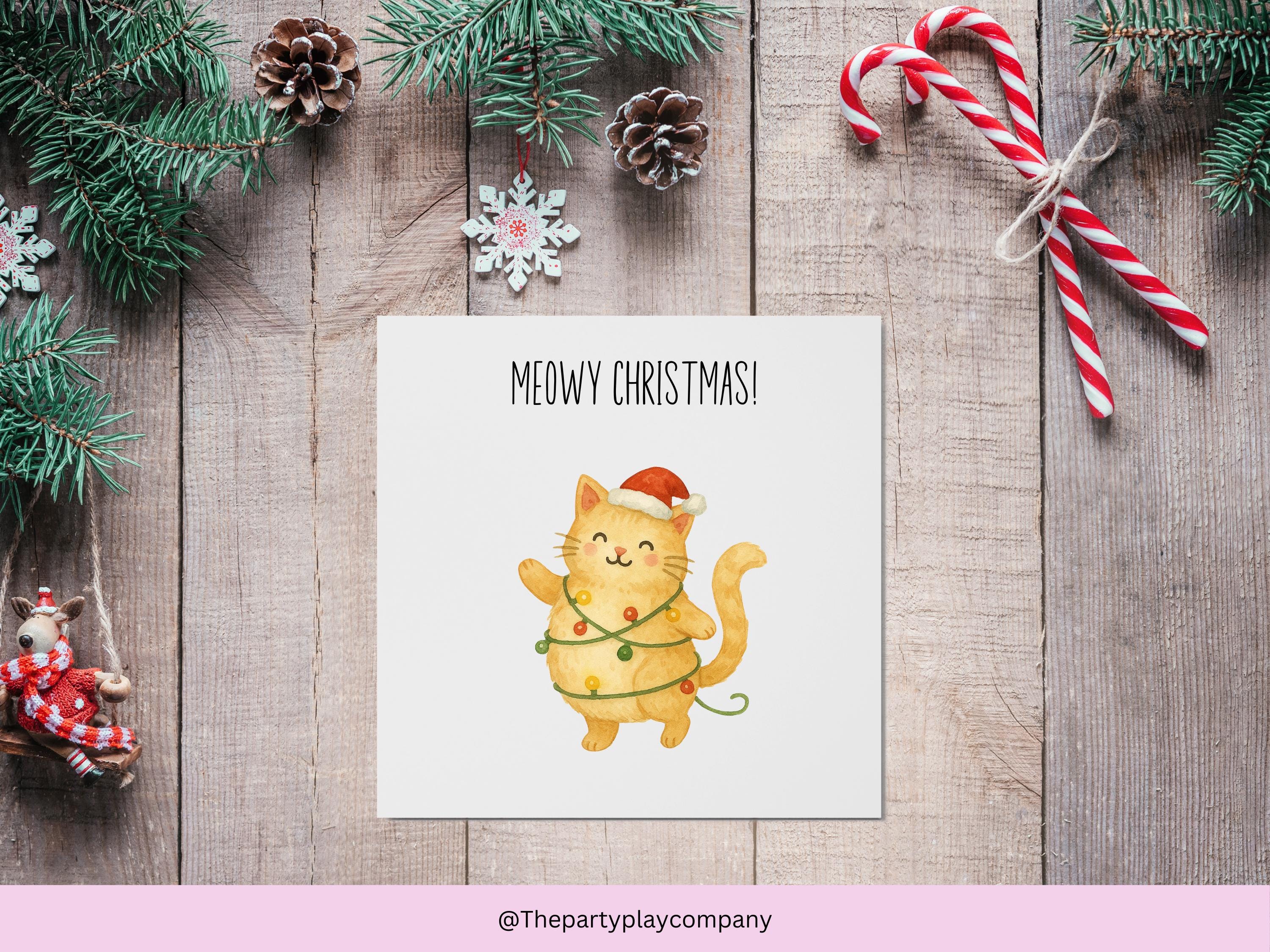 Meowy Christmas Card – Cute Cat Pun Christmas Card, Funny Festive Greeting for Cat Lovers