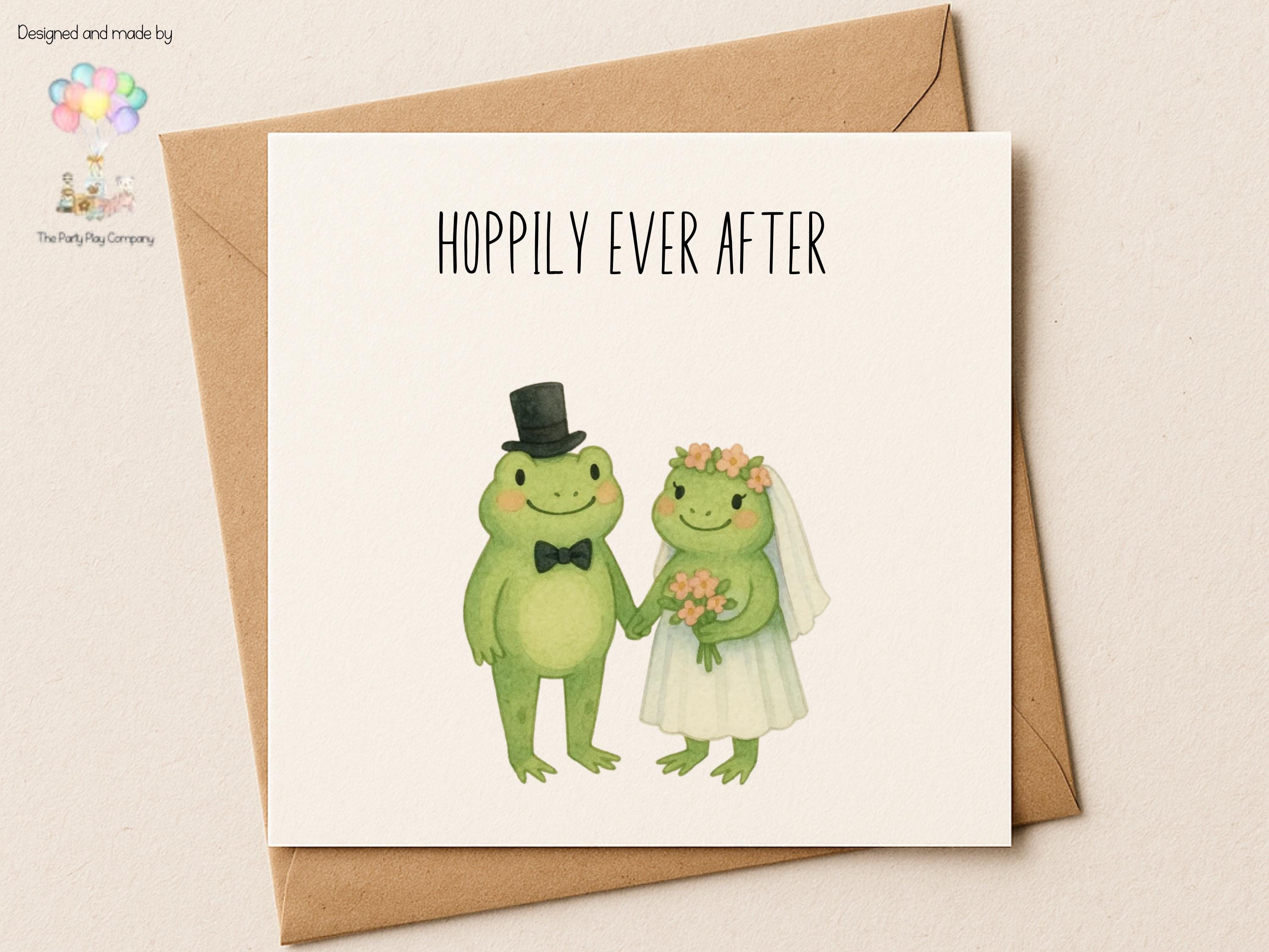 Frog Wedding Card: "Hoppily Ever After" Pun, Watercolor Illustration