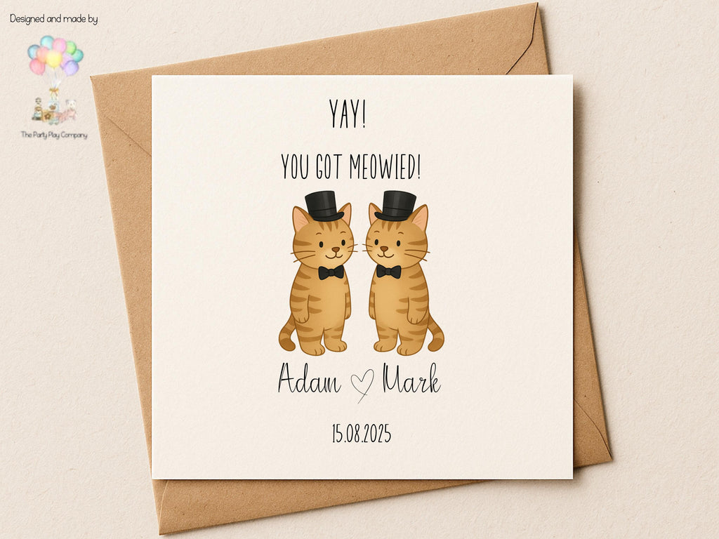 Funny Gay Wedding Card: You Got Meowied Cat Pun, Personalized Anniversary