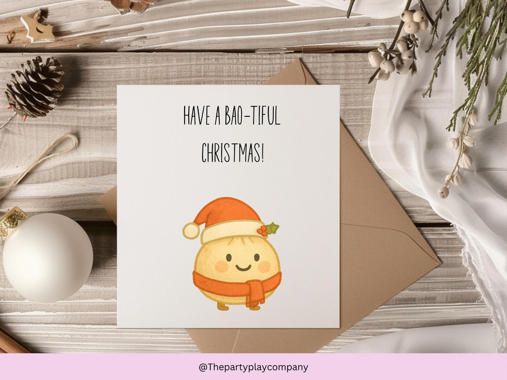Funny Christmas Card | Cute Bao Pun Xmas Card | Quirky Foodie Holiday Card | Have A Bao-tiful Christmas | 4 for 10 Pound Offer