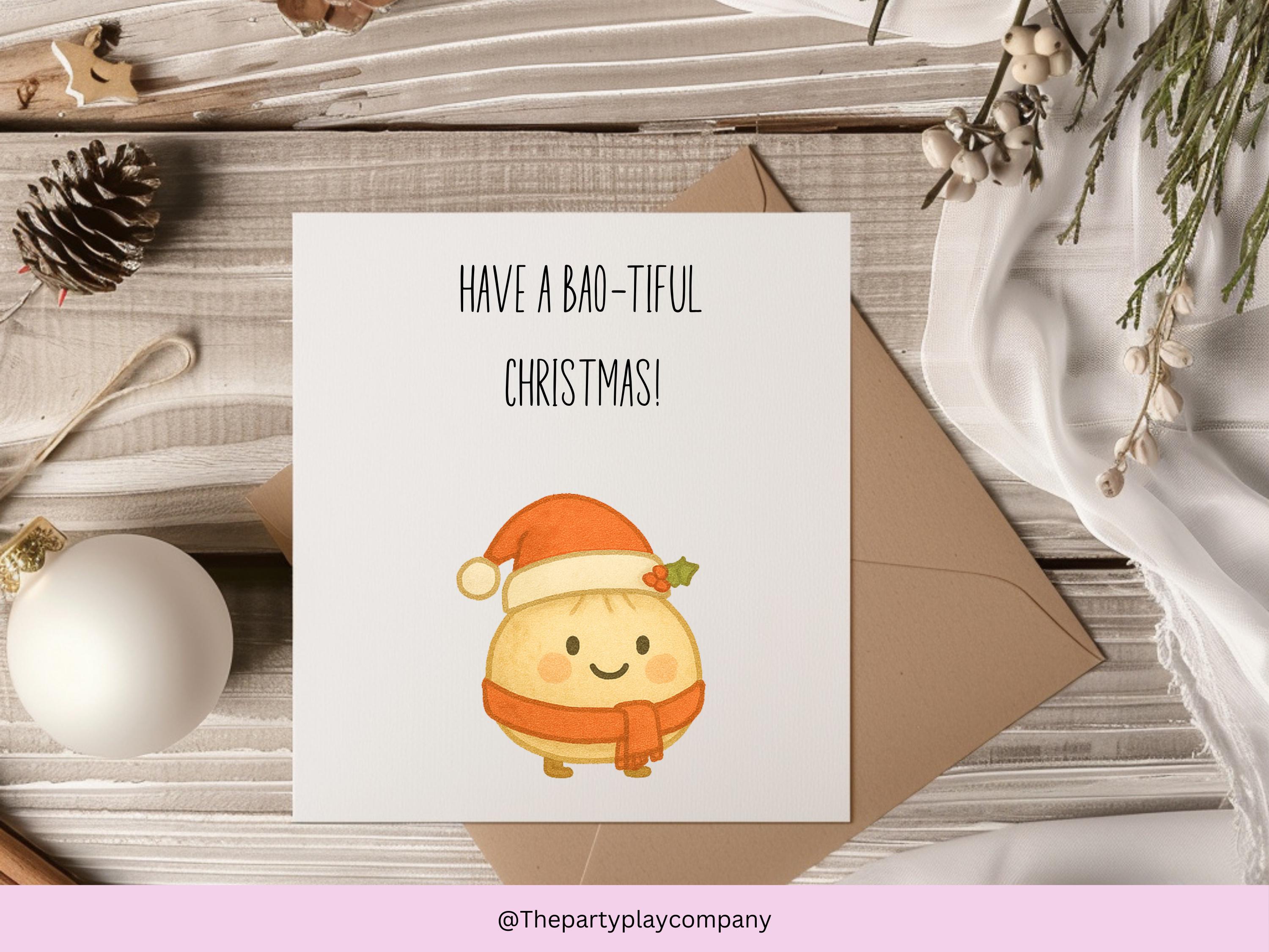 Funny Christmas Card | Cute Bao Pun Xmas Card | Quirky Foodie Holiday Card | Have A Bao-tiful Christmas | 4 for 10 Pound Offer