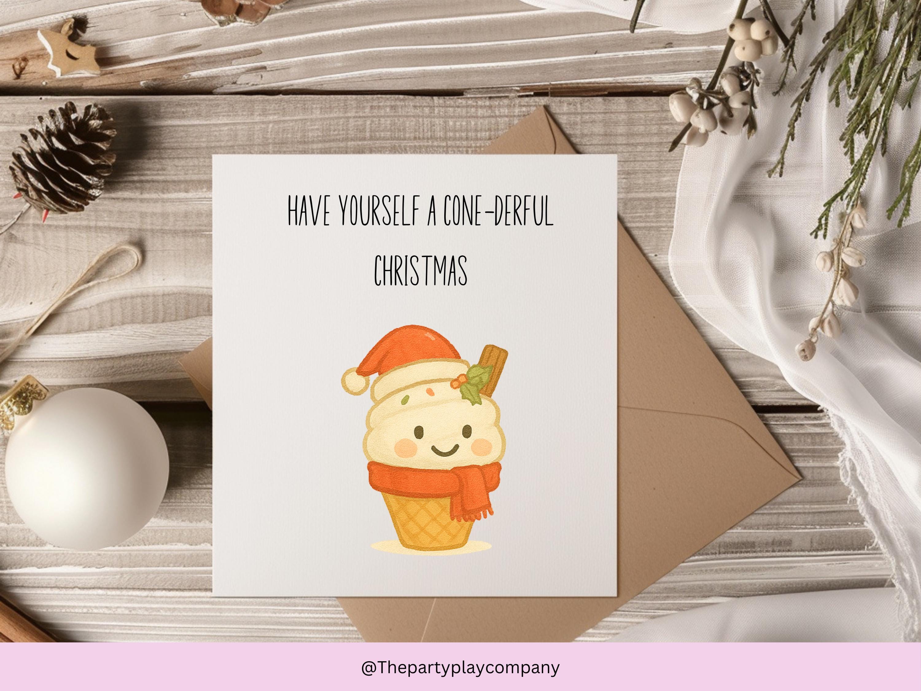 Funny Christmas Card | Ice Cream Pun Xmas Card | Quirky Festive Foodie Card | Have A Cone-derful Christmas | 4 for 10 Pound Offer