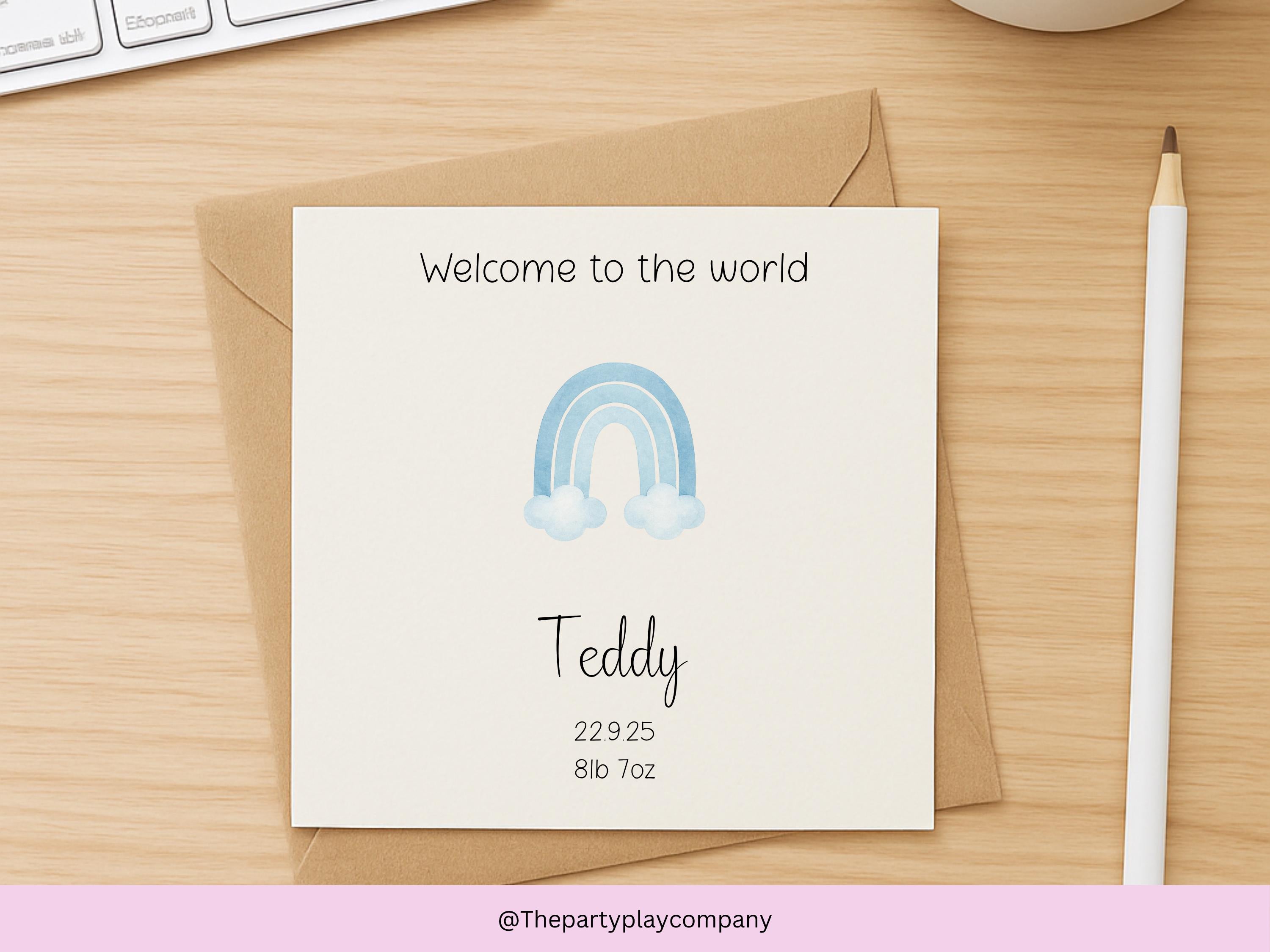 Personalized Baby Boy Card: Blue Watercolor Rainbow, Custom Birth Stats