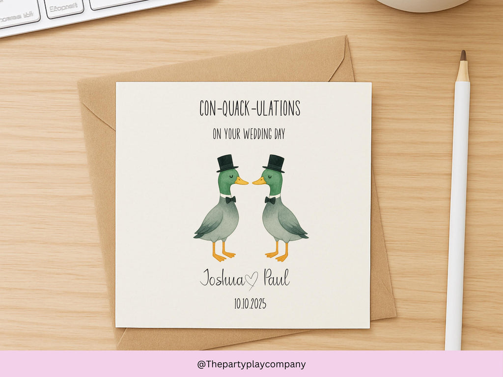 Funny Gay Wedding Card: Con-Quack-ulations Duck Pun - Personalized LGBTQ+ Anniversary