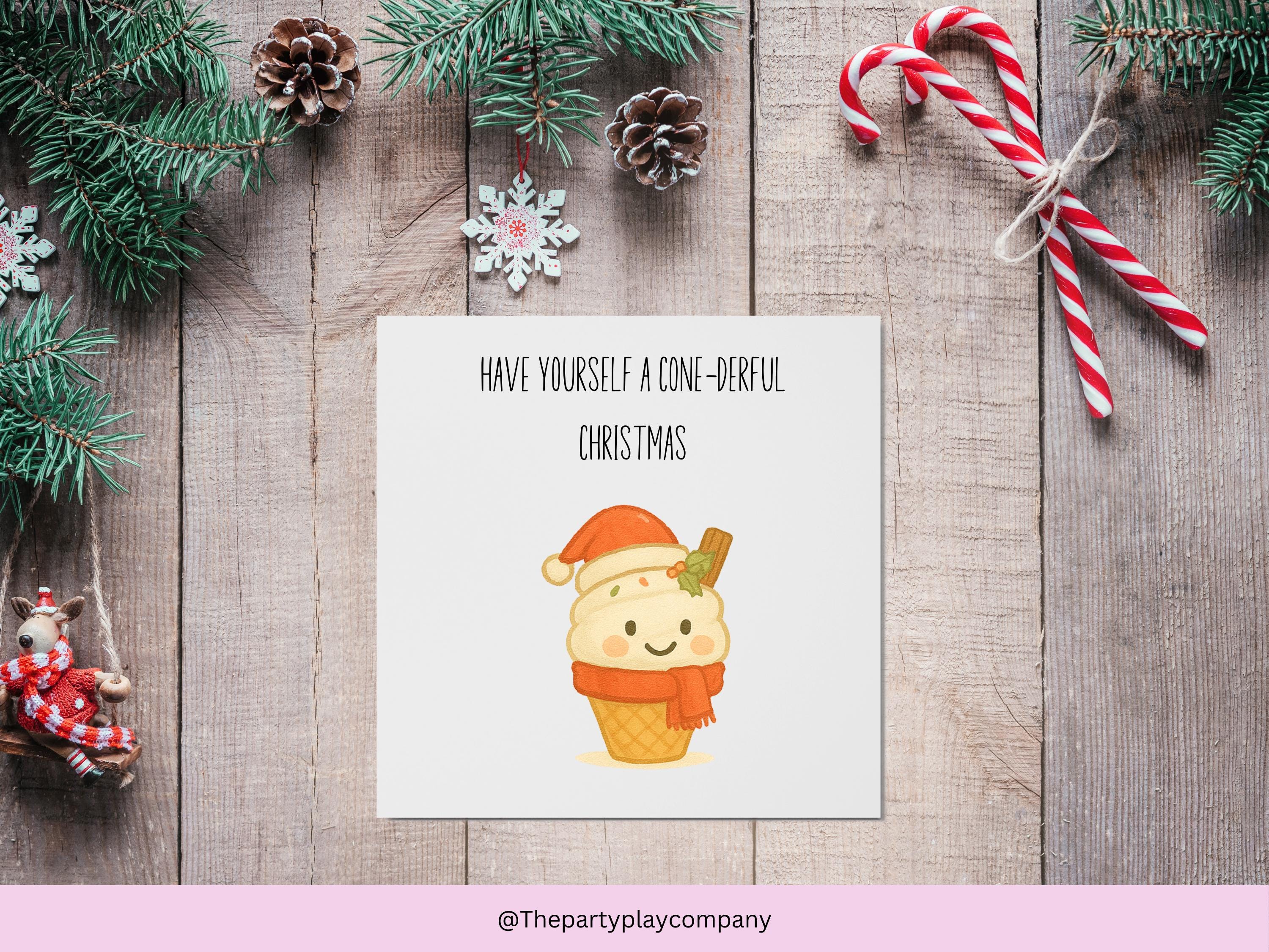 Funny Christmas Card | Ice Cream Pun Xmas Card | Quirky Festive Foodie Card | Have A Cone-derful Christmas | 4 for 10 Pound Offer