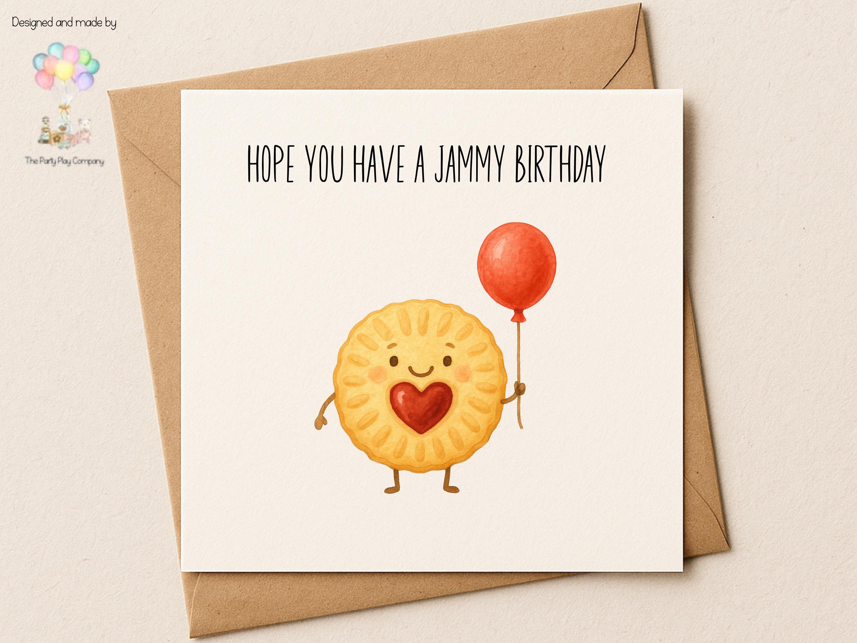 Jammy Birthday Card – Funny Pun Greeting – Cute Biscuit Birthday Card – Jammy Dodger Food Pun Card with Envelope 6x6