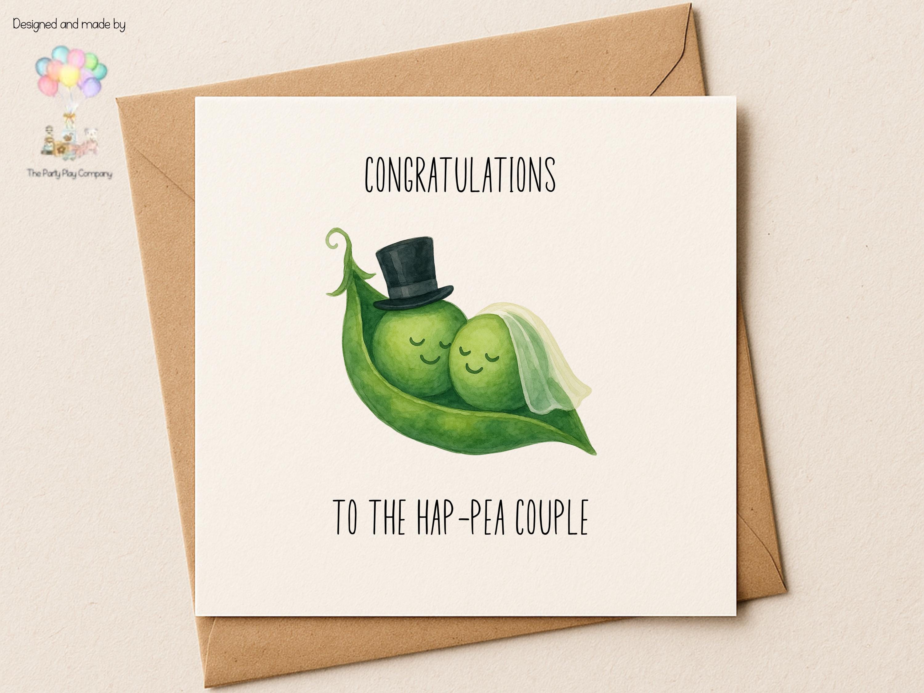Pea Wedding Card – “Hap-Pea Couple” – Cute Wedding Congratulations Card – Bride and Groom Peas