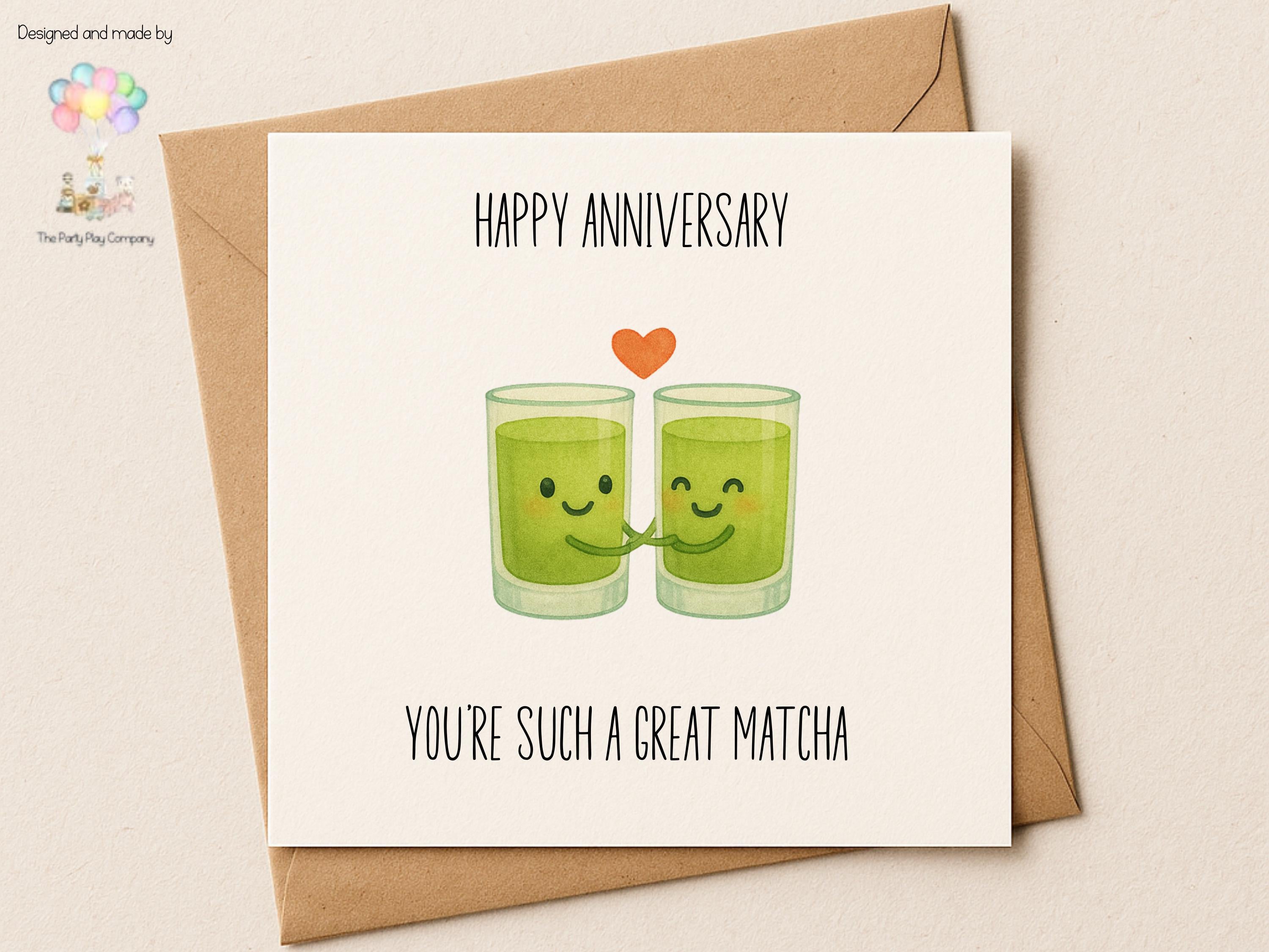 Cute Matcha Anniversary Card – You’re Such a Great Matcha, Funny Tea Pun Love Card, Kawaii Anniversary Card for Husband Wife Partner