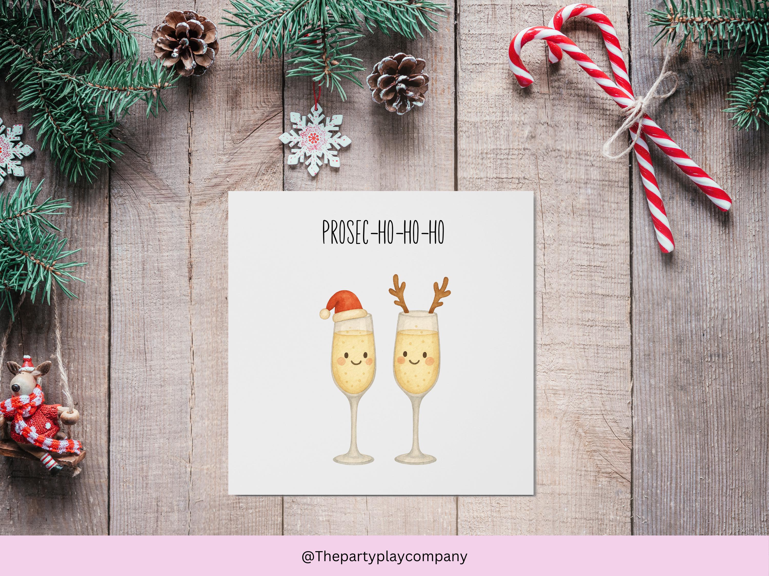Funny Christmas Card | Prosecco Pun Xmas Card | Prosec-ho-ho-ho Festive Drinks Card | Quirky Holiday Greeting | 4 for 10 Pound Offer