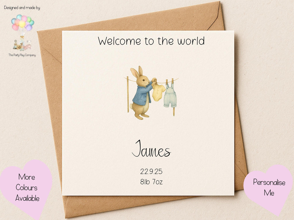Personalized New Baby Boy Card: Blue Bunny Clothesline Design
