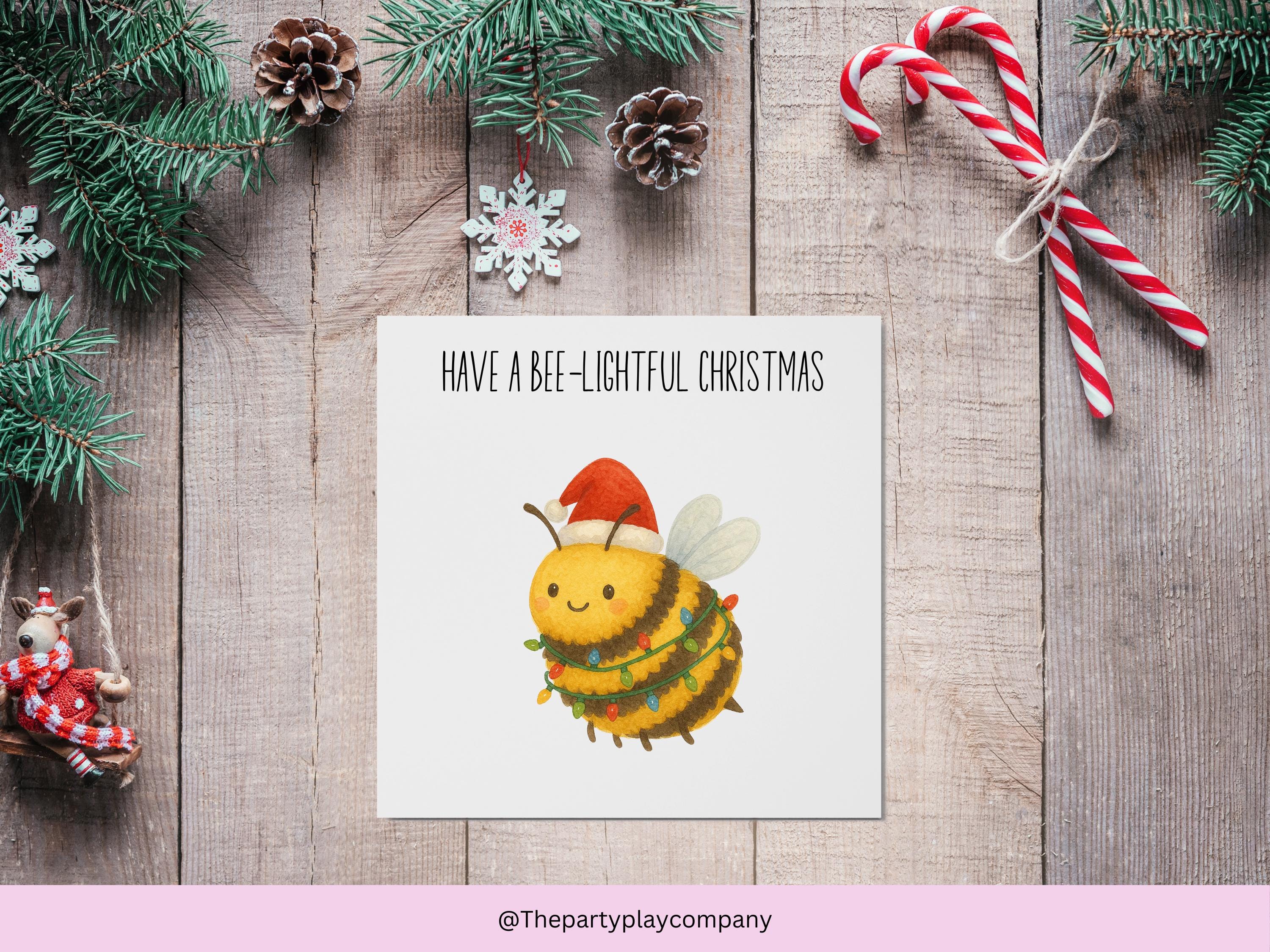 Funny Bee Christmas Card: Pun Greeting - Bee-lightful Xmas