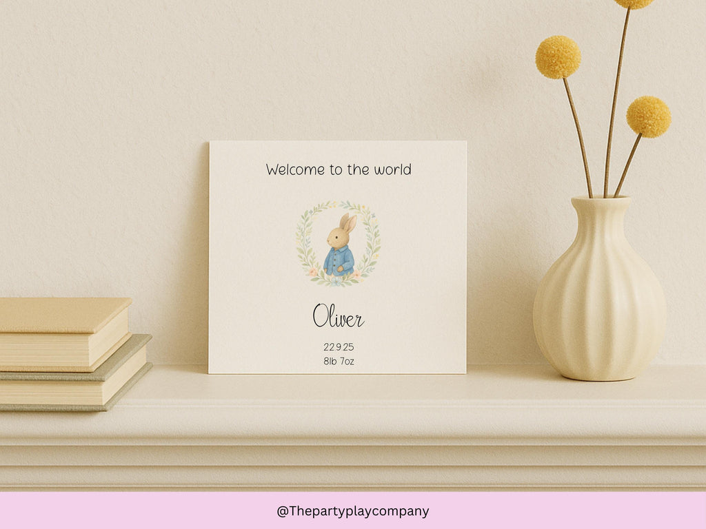 Personalised New Baby Card: Rabbit Floral Wreath Design - Handmade UK