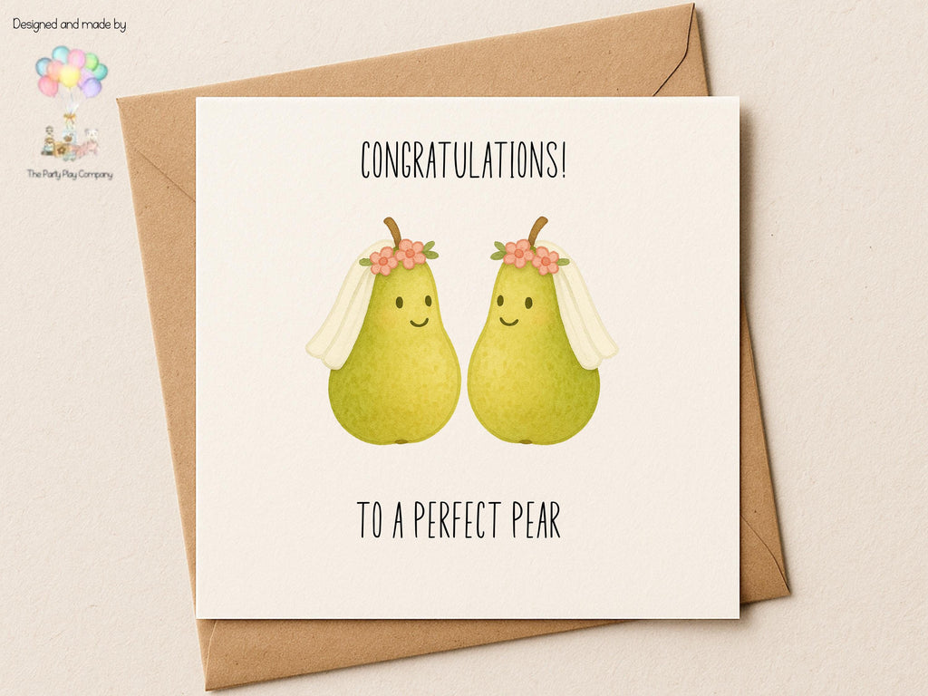 Funny LGBTQ Lesbian Wedding Card – Perfect Pear Pun – Cute Bride Pears Illustration – Same-Sex Marriage Card for Her