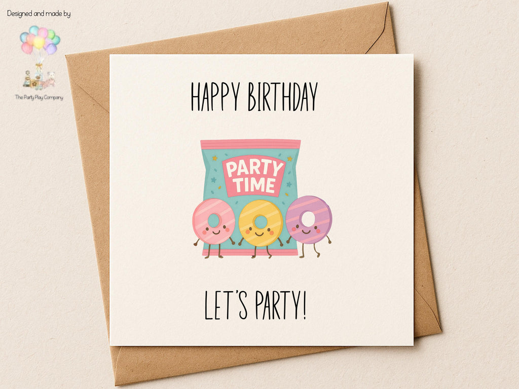Party Rings Birthday Card – Cute Funny Biscuit Pun Greeting – Let’s Party – Colourful 6x6" Card with Envelope