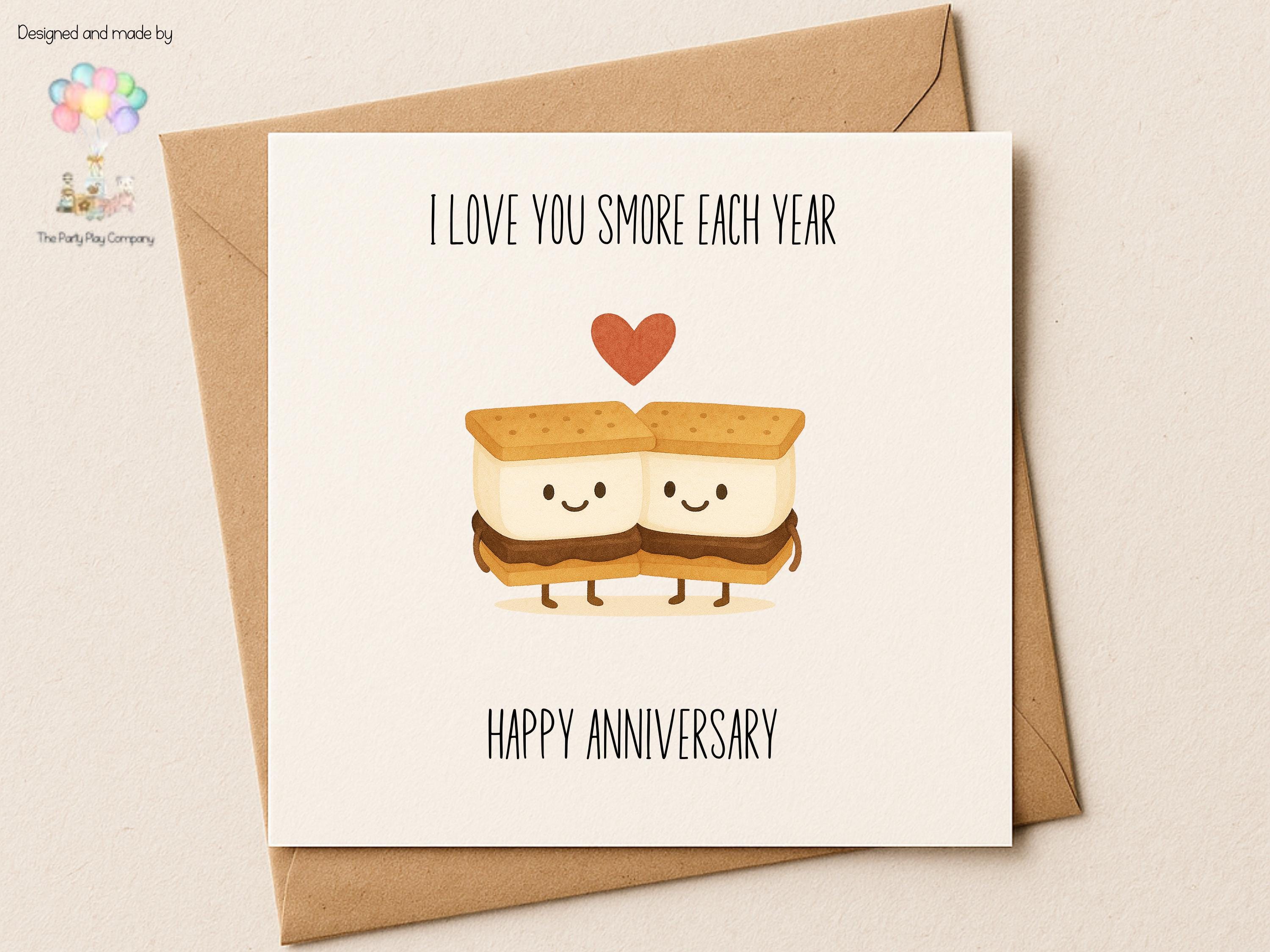 Funny Anniversary Card – I Love You S’more Each Year, Cute Pun Food Illustration, Couples Love Card for Partner, Husband, Wife