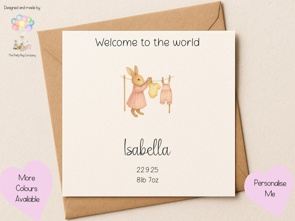 Personalised New Baby Girl Card: Bunny Clothesline Design, Handmade UK