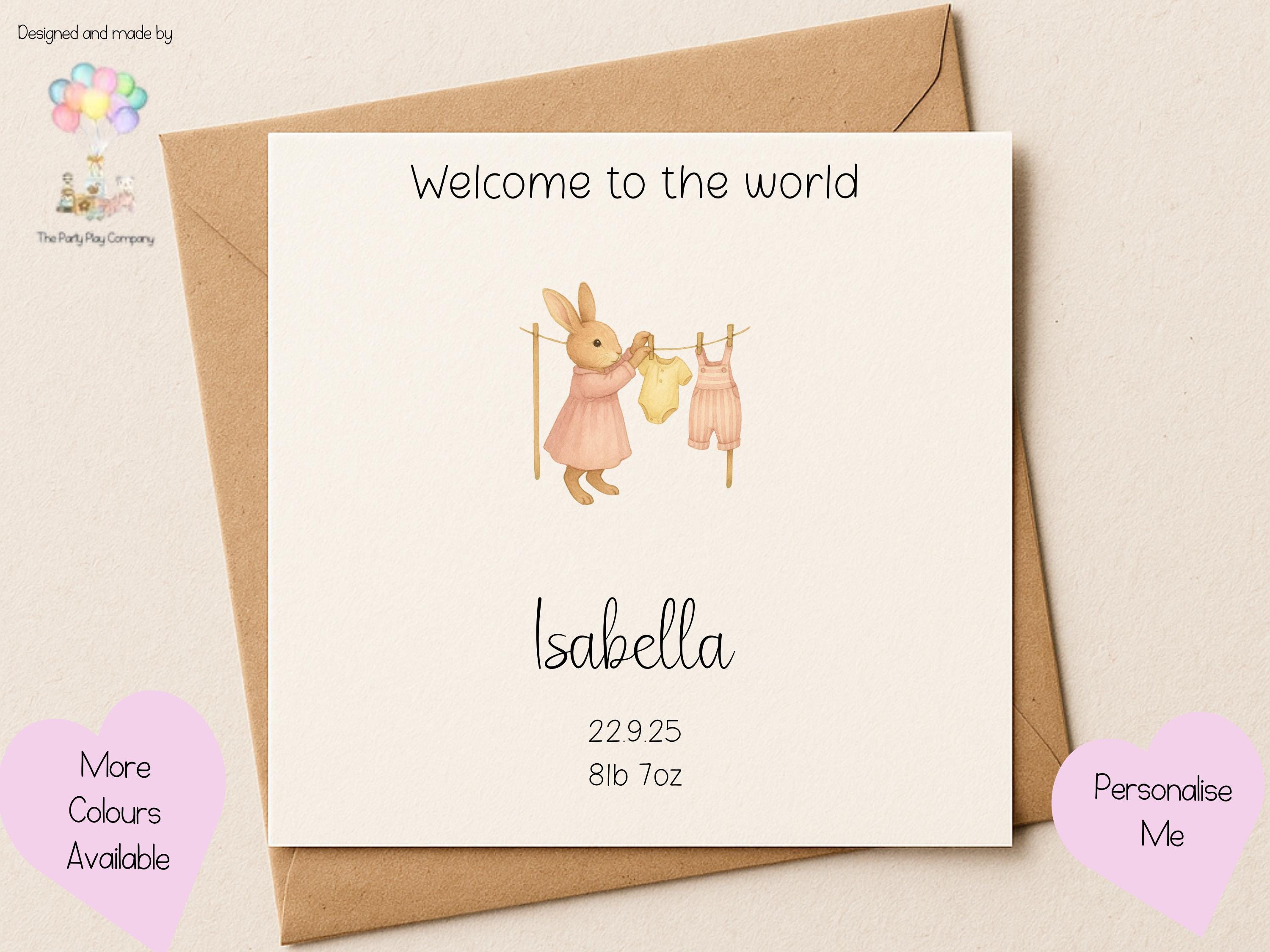 Personalised New Baby Girl Card: Bunny Clothesline Design, Handmade UK