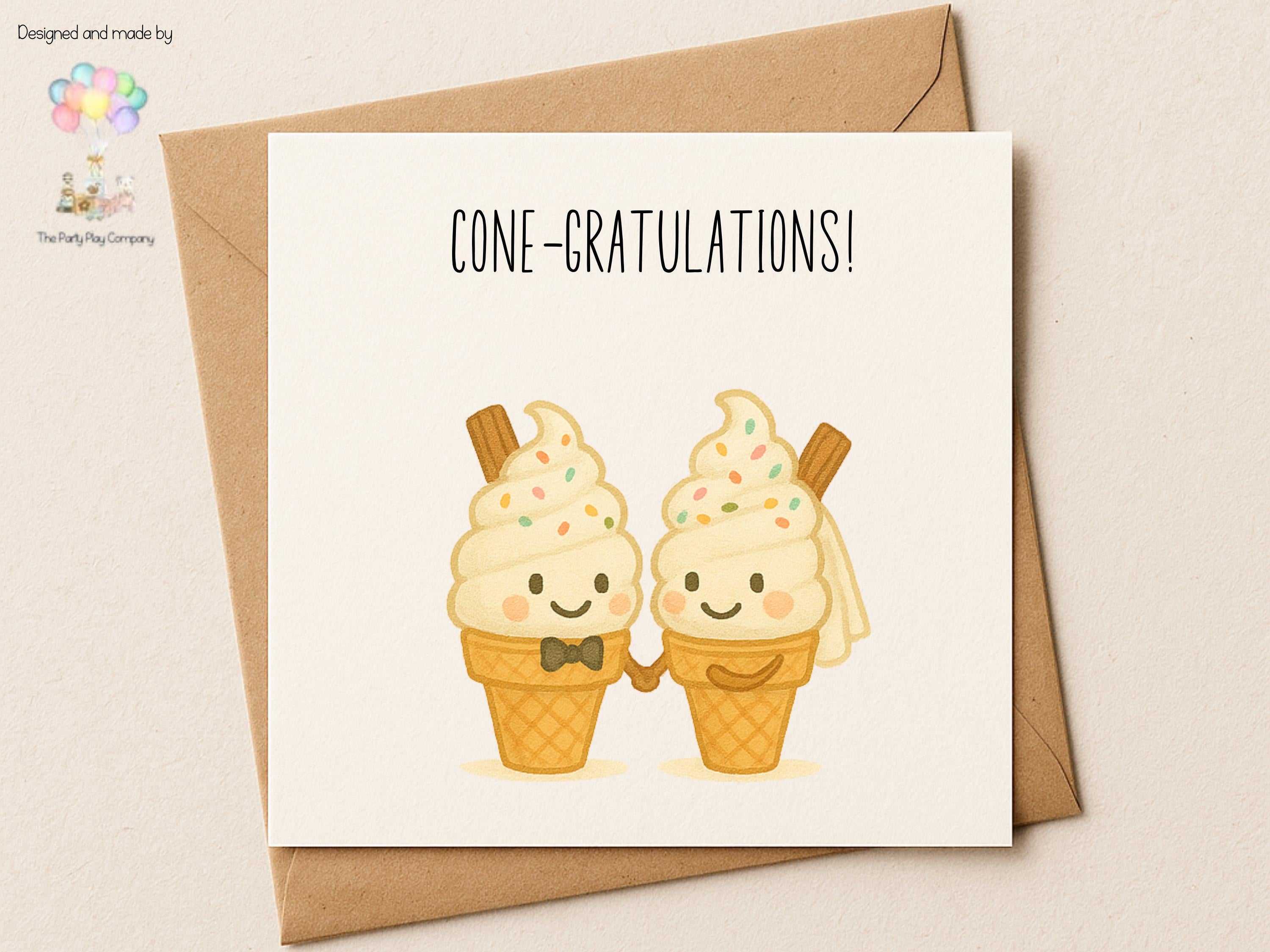 Funny Wedding Card | Ice Cream Pun Congratulations Card | Cone-gratulations Newlyweds Card | Quirky Bride and Groom | 4 for 10 Pound Offer