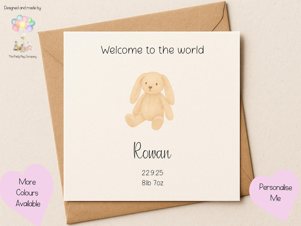 Personalized New Baby Card: Cream Watercolor Bunny, Custom Birth Stats