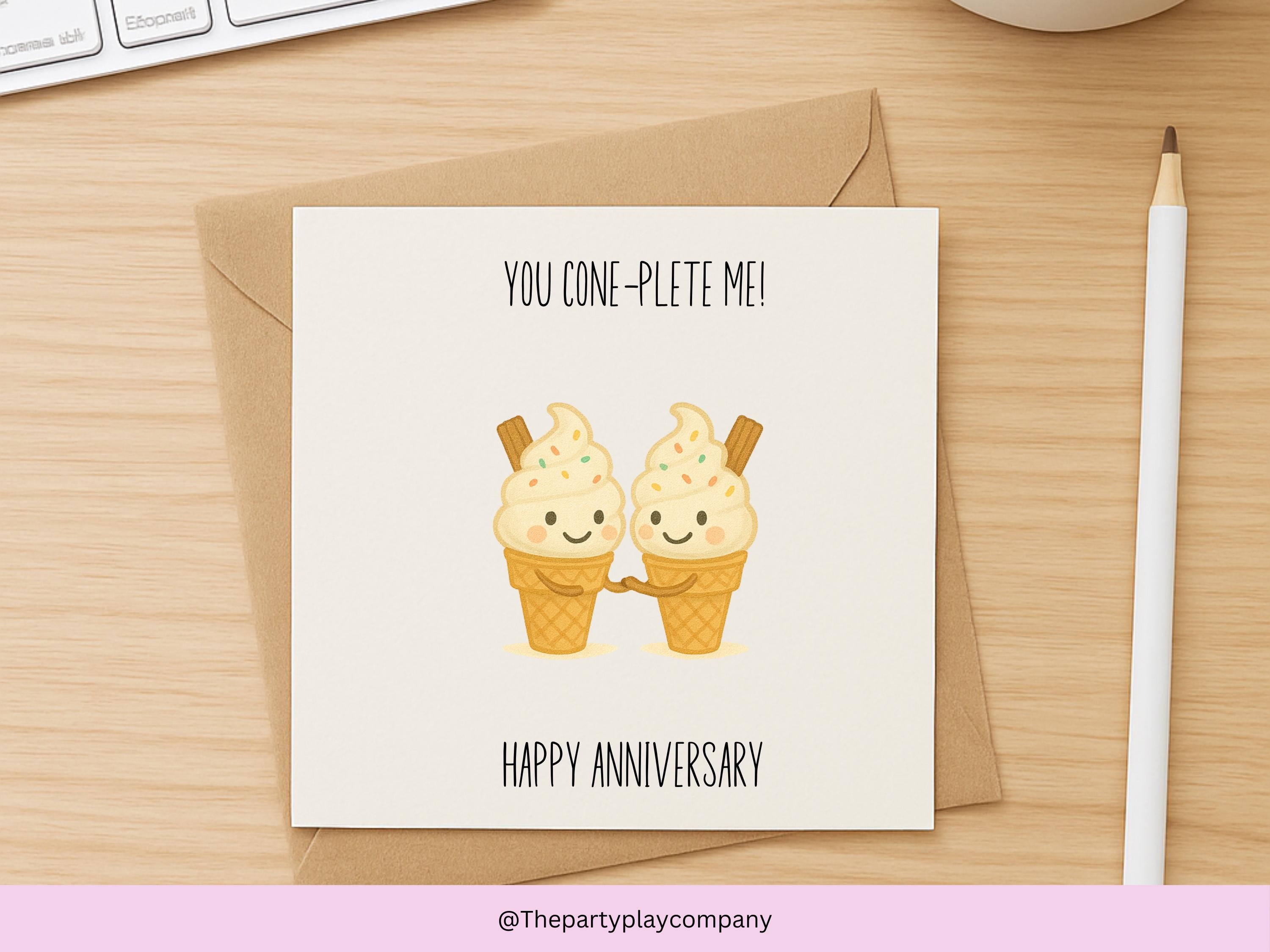 Funny Anniversary Card: Kawaii Ice Cream Couple - You Cone-plete Me
