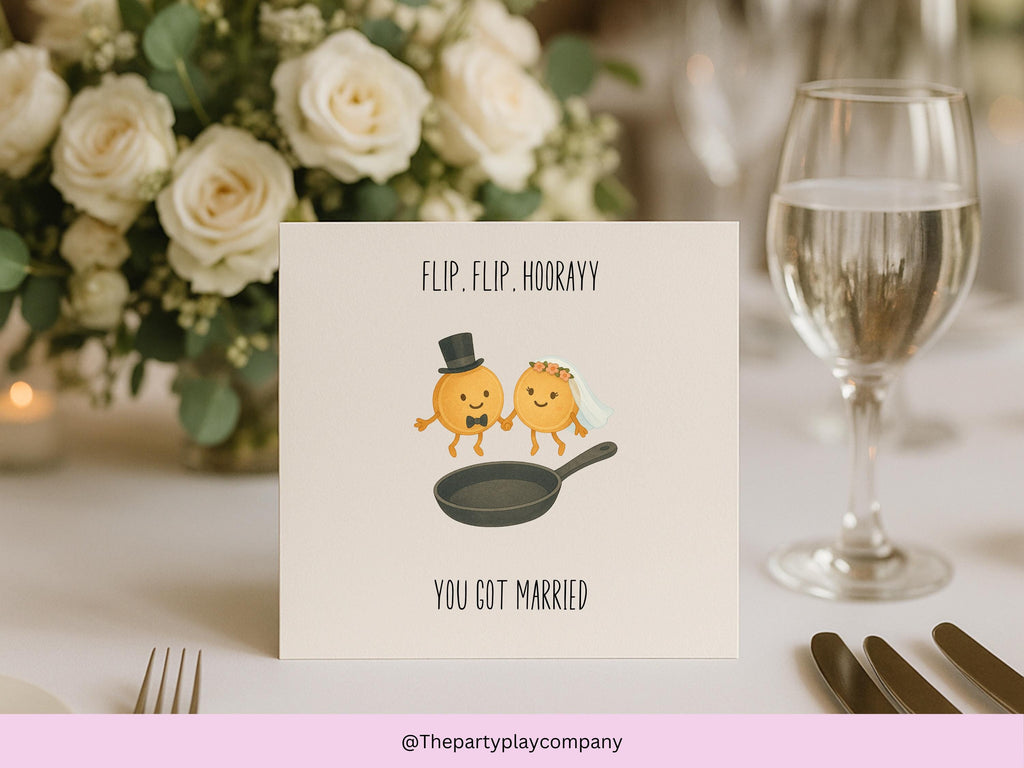 Funny Wedding Card | Pancake Pun Congratulations Card | Flip, Flip, Hooray You Got Married | Quirky Newlyweds Card | 4 for 10 Pound Offer