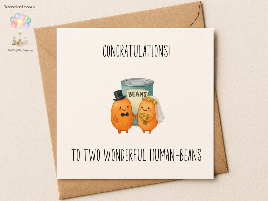 Funny Wedding Card for Couple – Human Beans Pun – Cute Illustrated Bride and Groom – Engagement, Anniversary or Newlywed Card