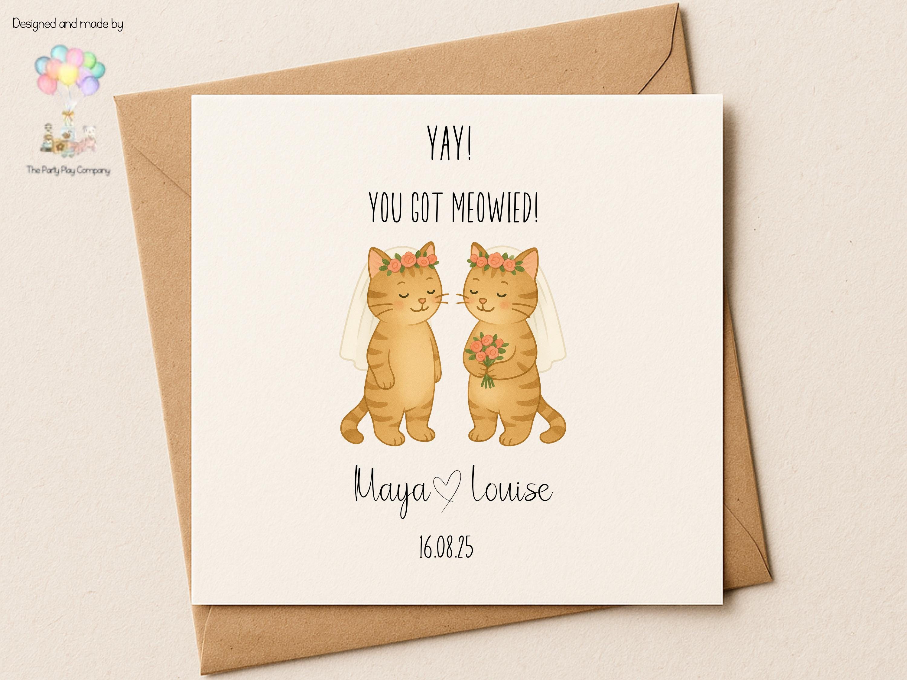 Funny Gay Wedding Card: You Got Meowied Cat Pun, Personalized Anniversary